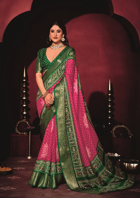 Pure Silk fabric with Magenta Pink and Dark Green Dual color Combination of Exclusive Bandhej print with Rich Look Jacquard Border Exclusive Look Saree