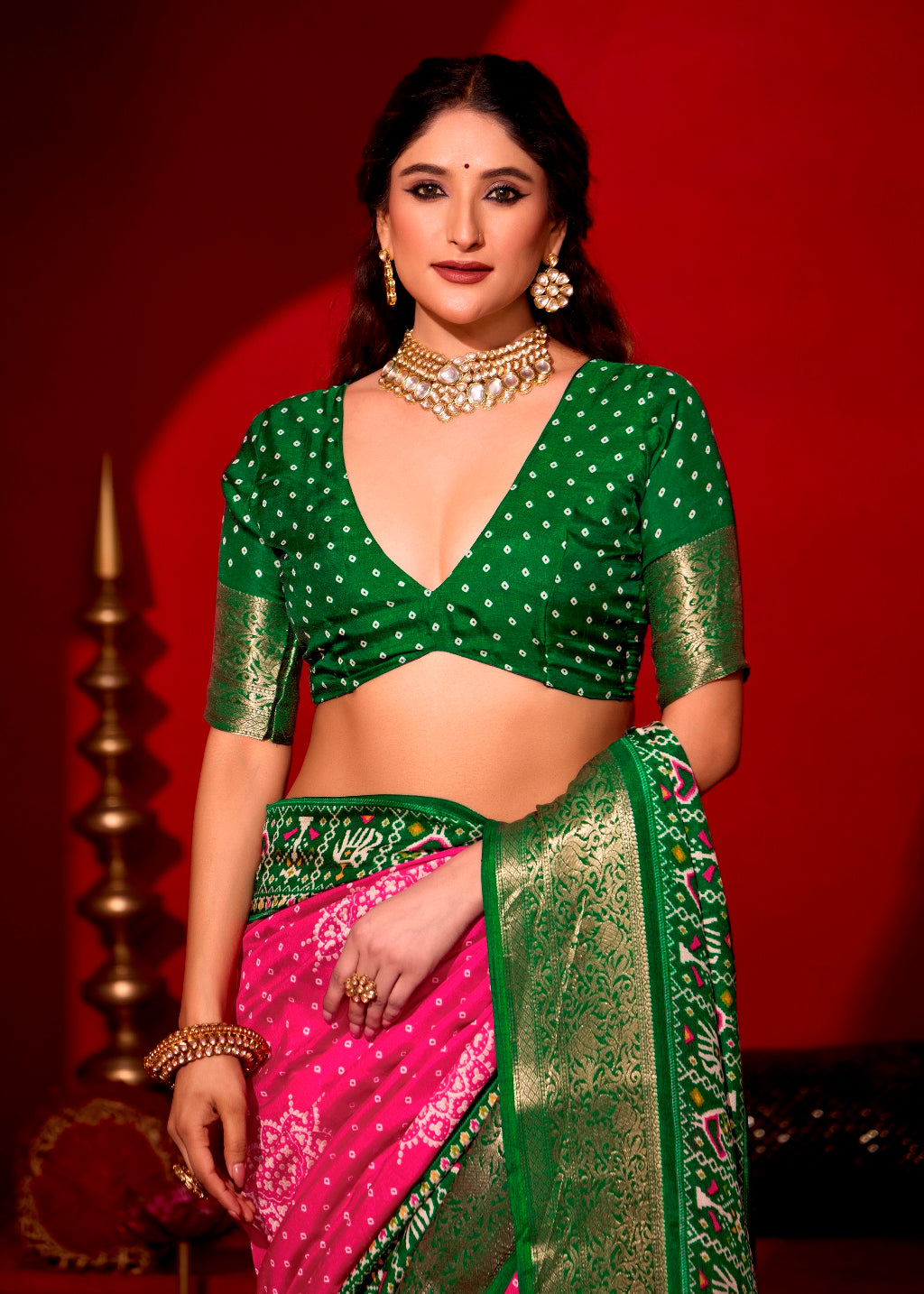 Pure Silk fabric with Magenta Pink and Dark Green Dual color Combination of Exclusive Bandhej print with Rich Look Jacquard Border Exclusive Look Saree