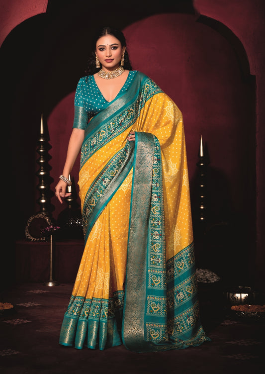 Pure Silk fabric with Lemon Yellow and Turquoise Blue Dual color Combination of Exclusive Bandhej print with Rich Look Jacquard Border Exclusive Look Saree