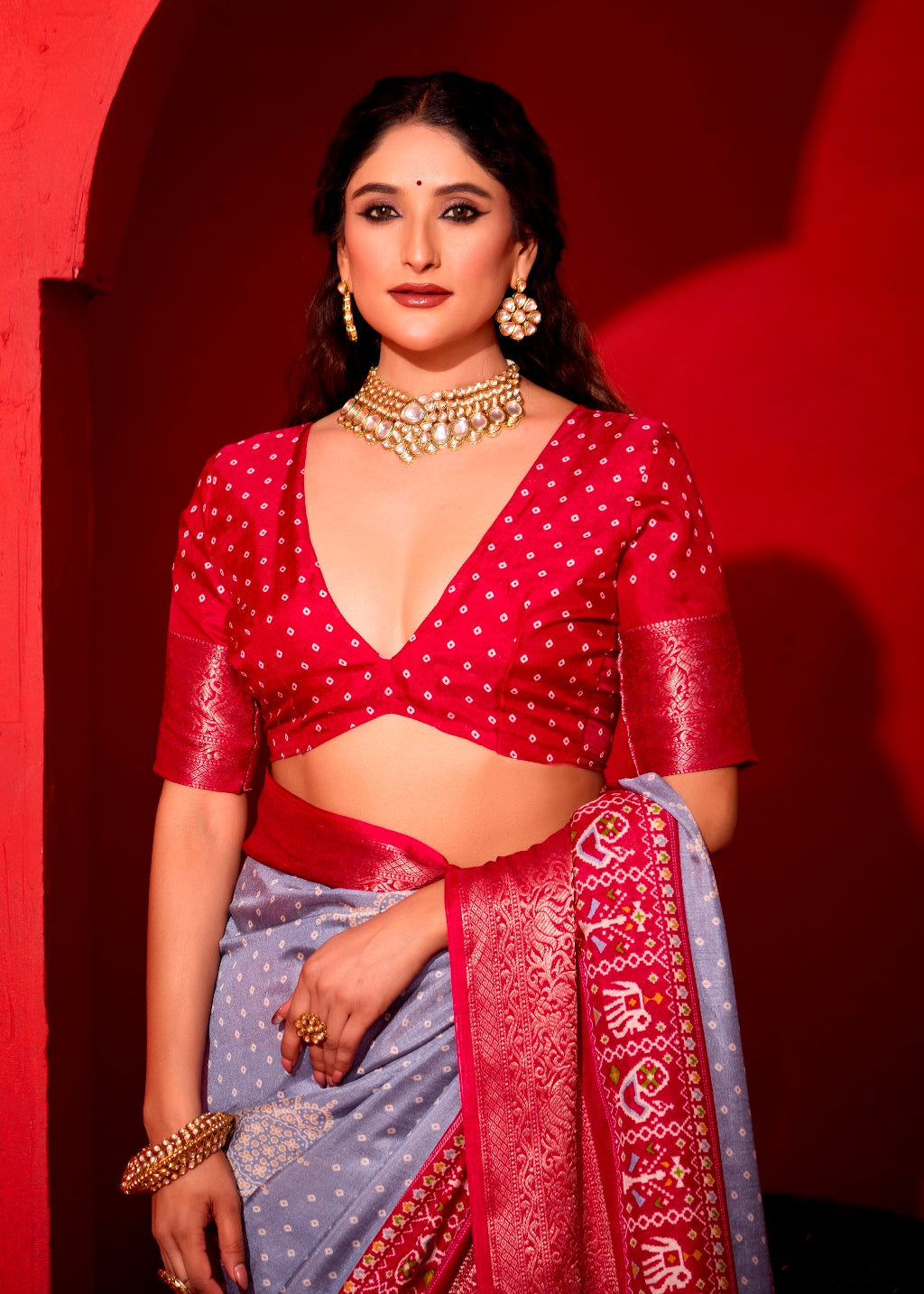 Pure Silk fabric with Exclusive Light Levender and Cherry Red Dual color Combination of Exclusive Bandhej print with Rich Look Jacquard Border Exclusive Look Saree