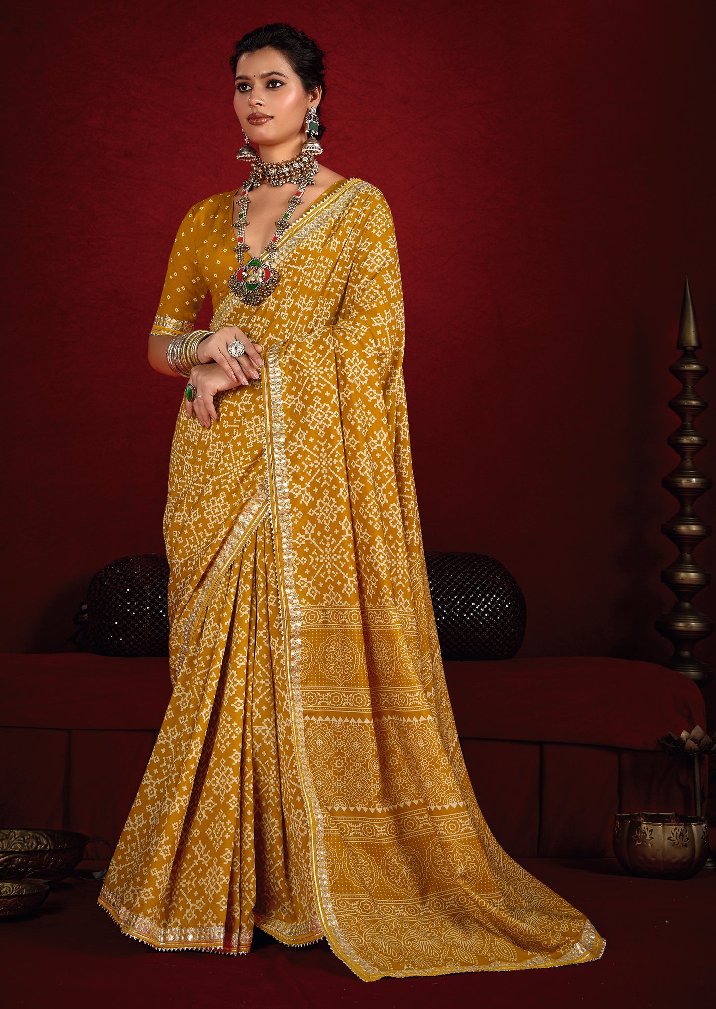 Mustard Yellow Pure Ajrakh Silk Designer Look Saree with Jaipuri Silver Gotta Work Border