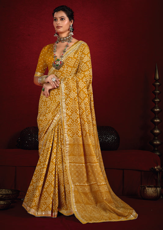 Mustard Yellow Pure Ajrakh Silk Designer Look Saree with Jaipuri Silver Gotta Work Border