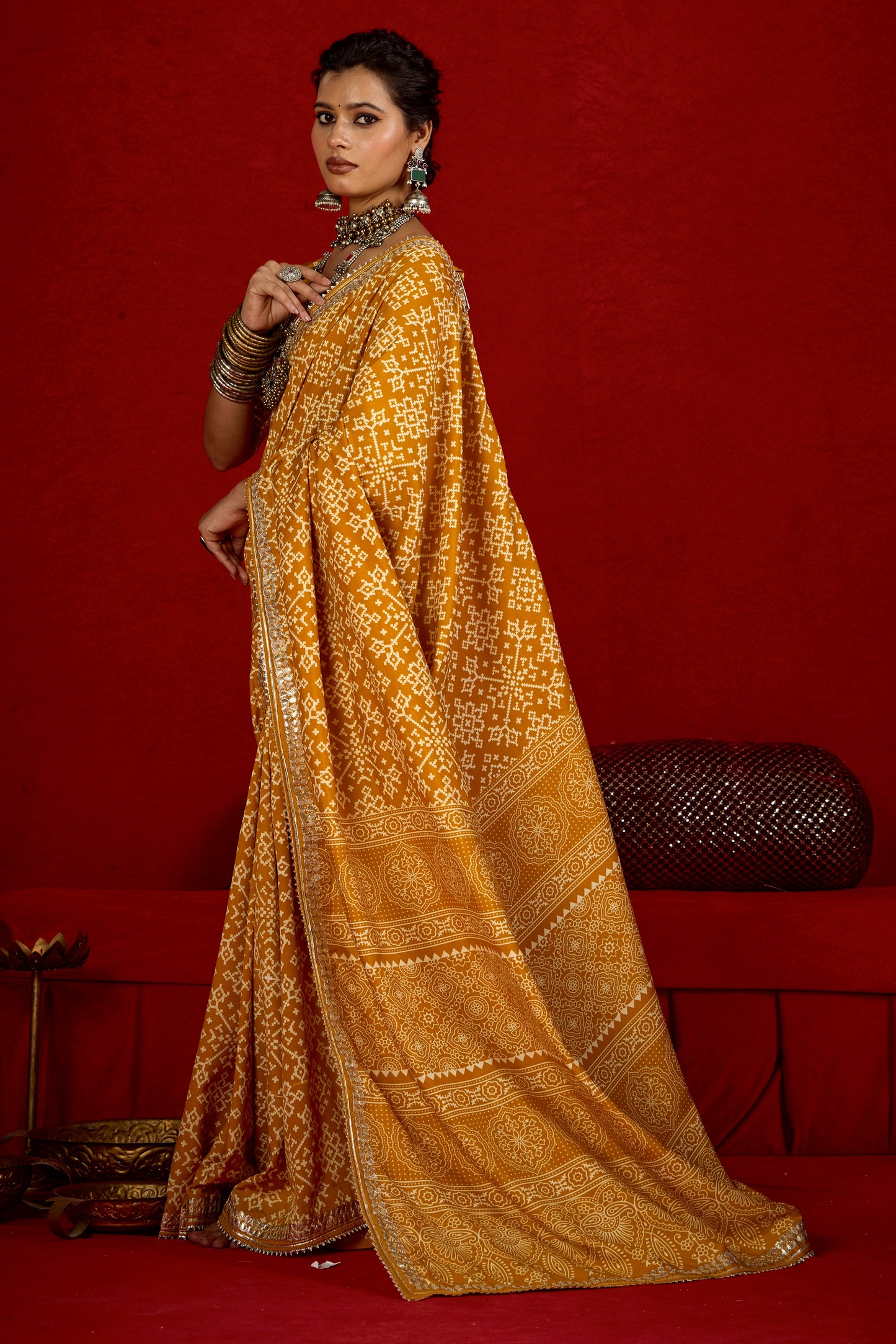 Mustard Yellow Pure Ajrakh Silk Designer Look Saree with Jaipuri Silver Gotta Work Border