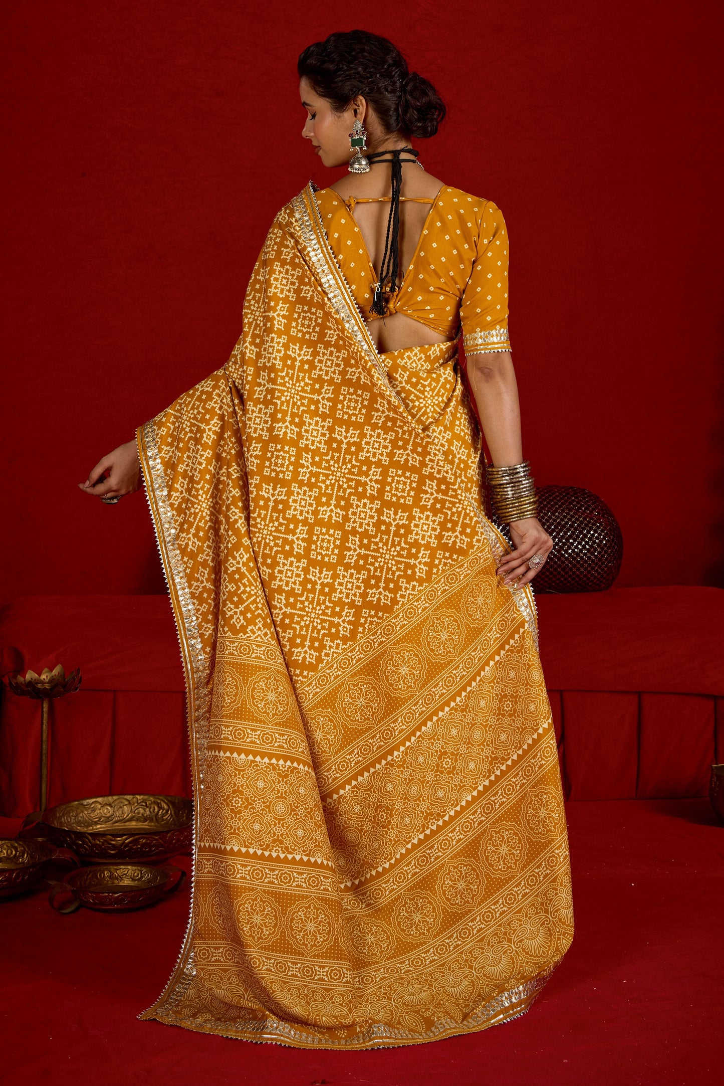 Mustard Yellow Pure Ajrakh Silk Designer Look Saree with Jaipuri Silver Gotta Work Border