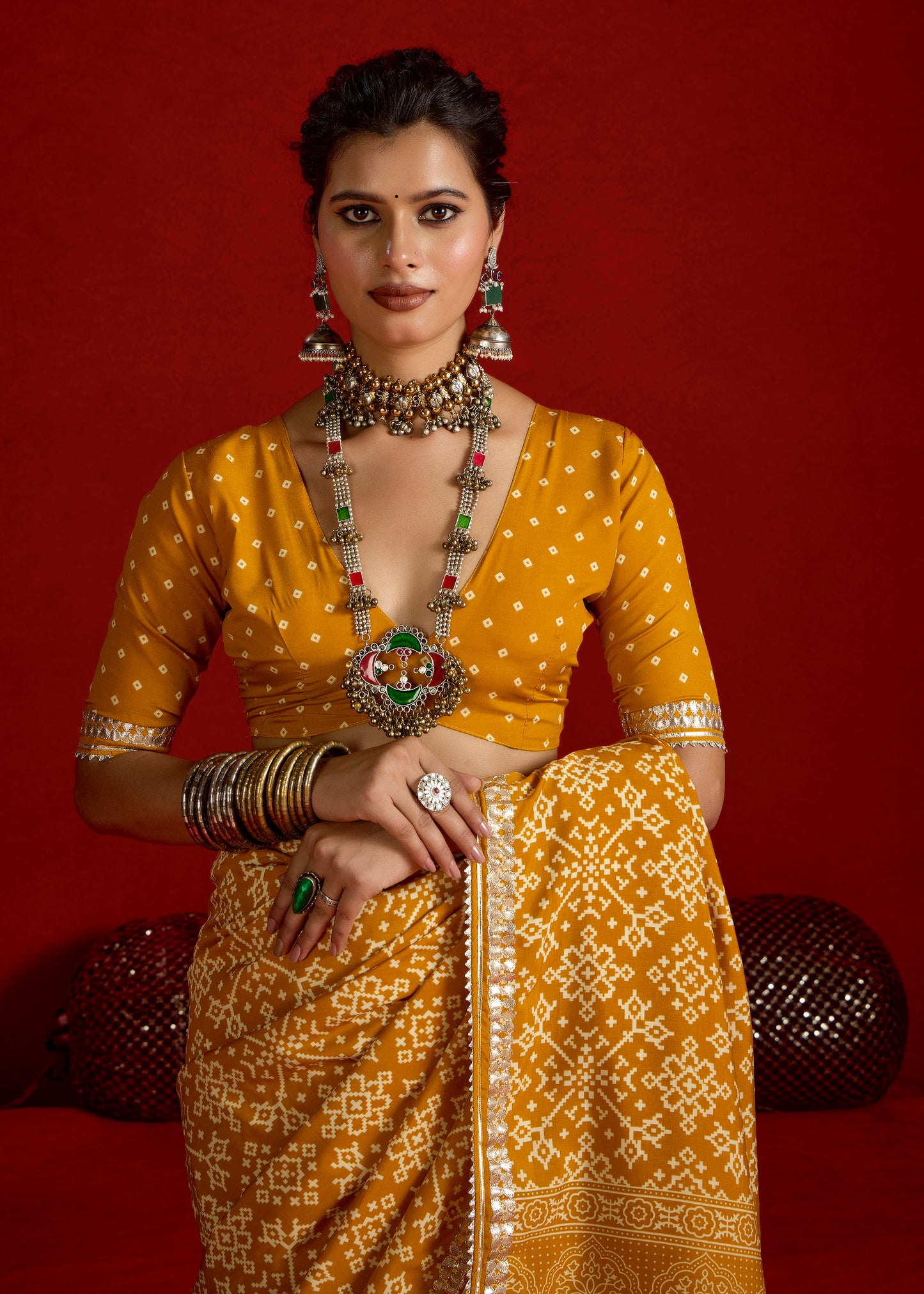 Mustard Yellow Pure Ajrakh Silk Designer Look Saree with Jaipuri Silver Gotta Work Border