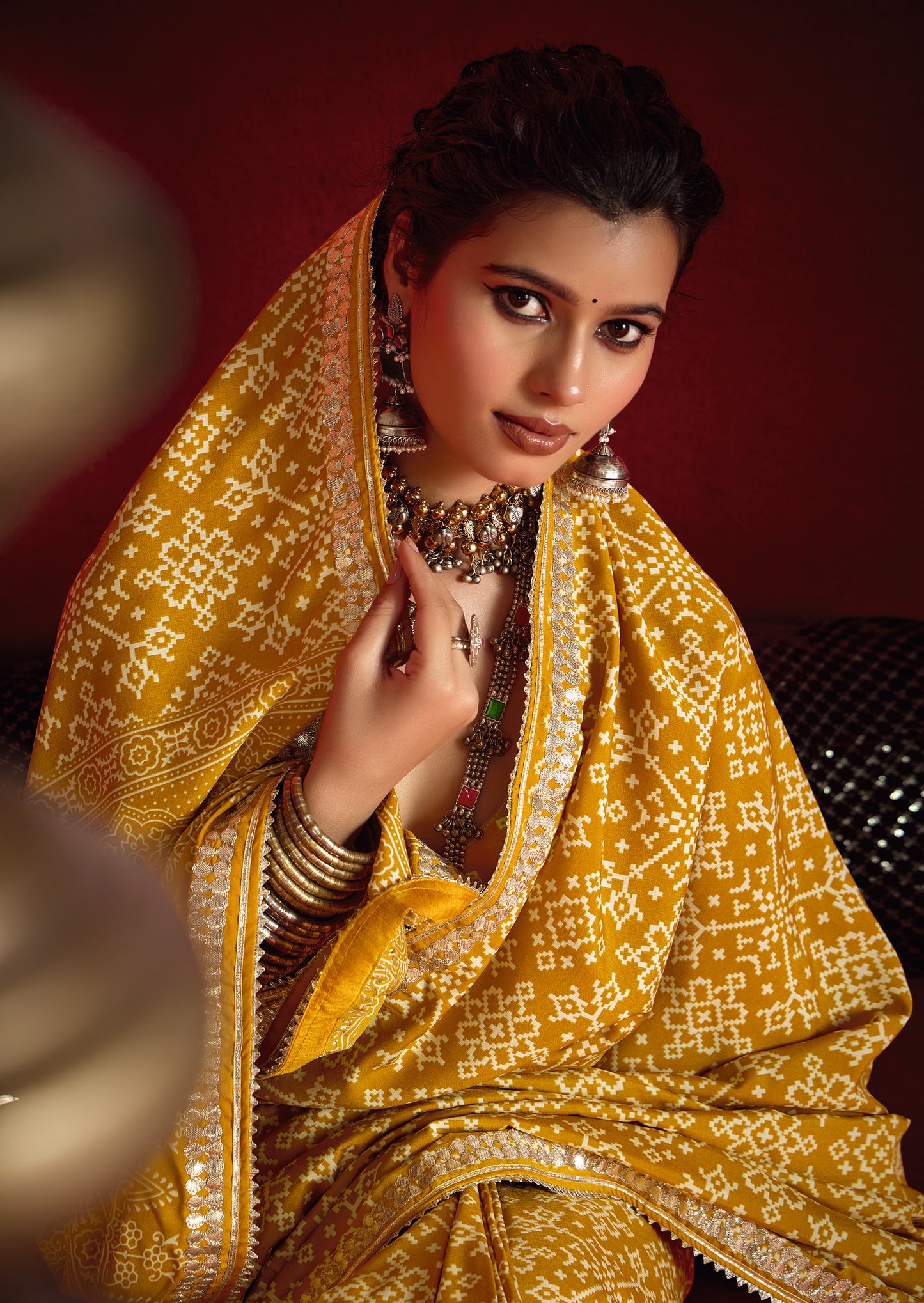 Mustard Yellow Pure Ajrakh Silk Designer Look Saree with Jaipuri Silver Gotta Work Border