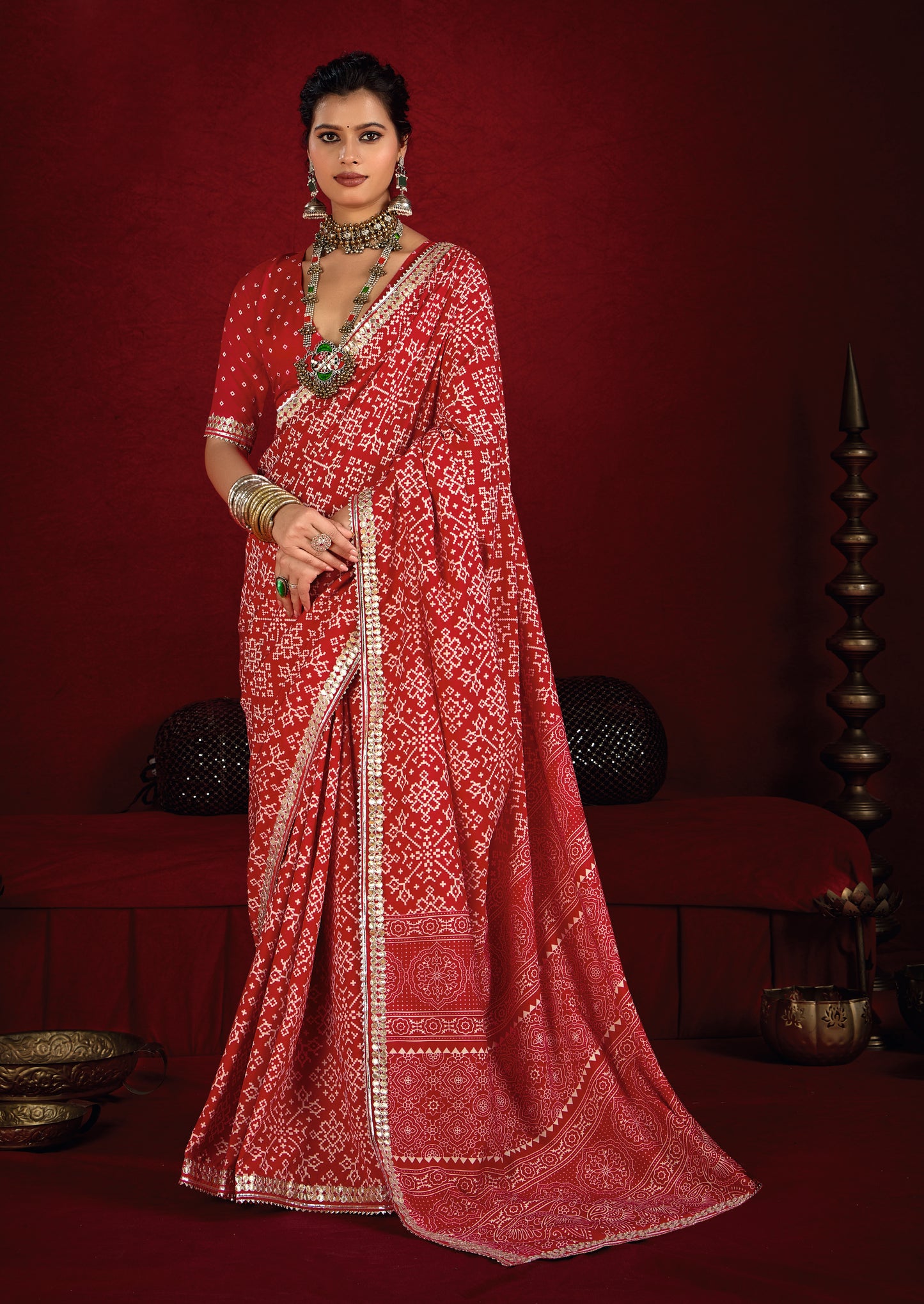 Pink Red Pure Ajrakh Silk Designer Look Saree with Jaipuri Silver Gotta Work Border