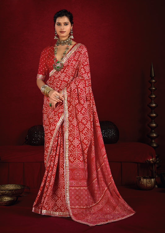Pink Red Pure Ajrakh Silk Designer Look Saree with Jaipuri Silver Gotta Work Border