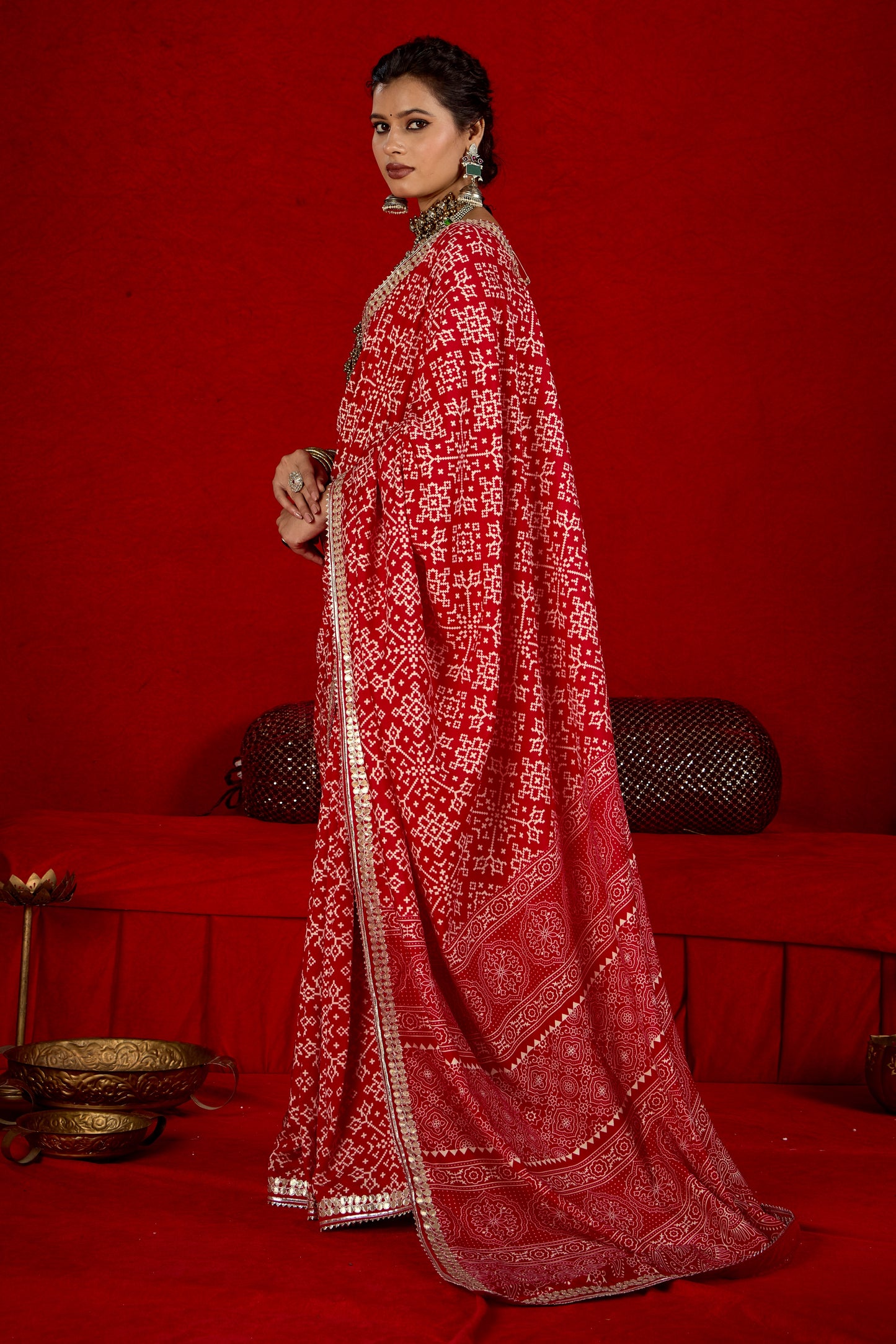 Pink Red Pure Ajrakh Silk Designer Look Saree with Jaipuri Silver Gotta Work Border