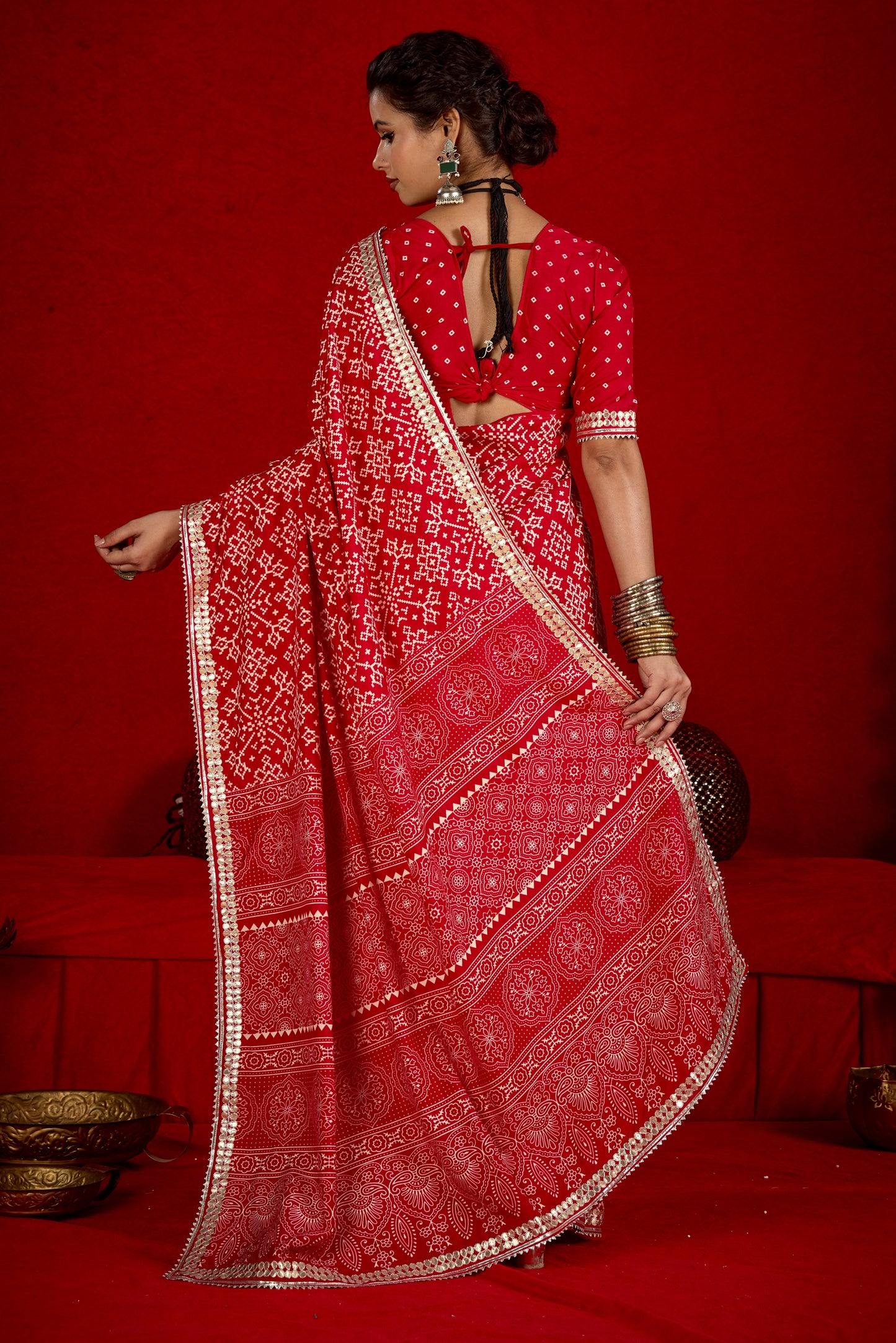Pink Red Pure Ajrakh Silk Designer Look Saree with Jaipuri Silver Gotta Work Border