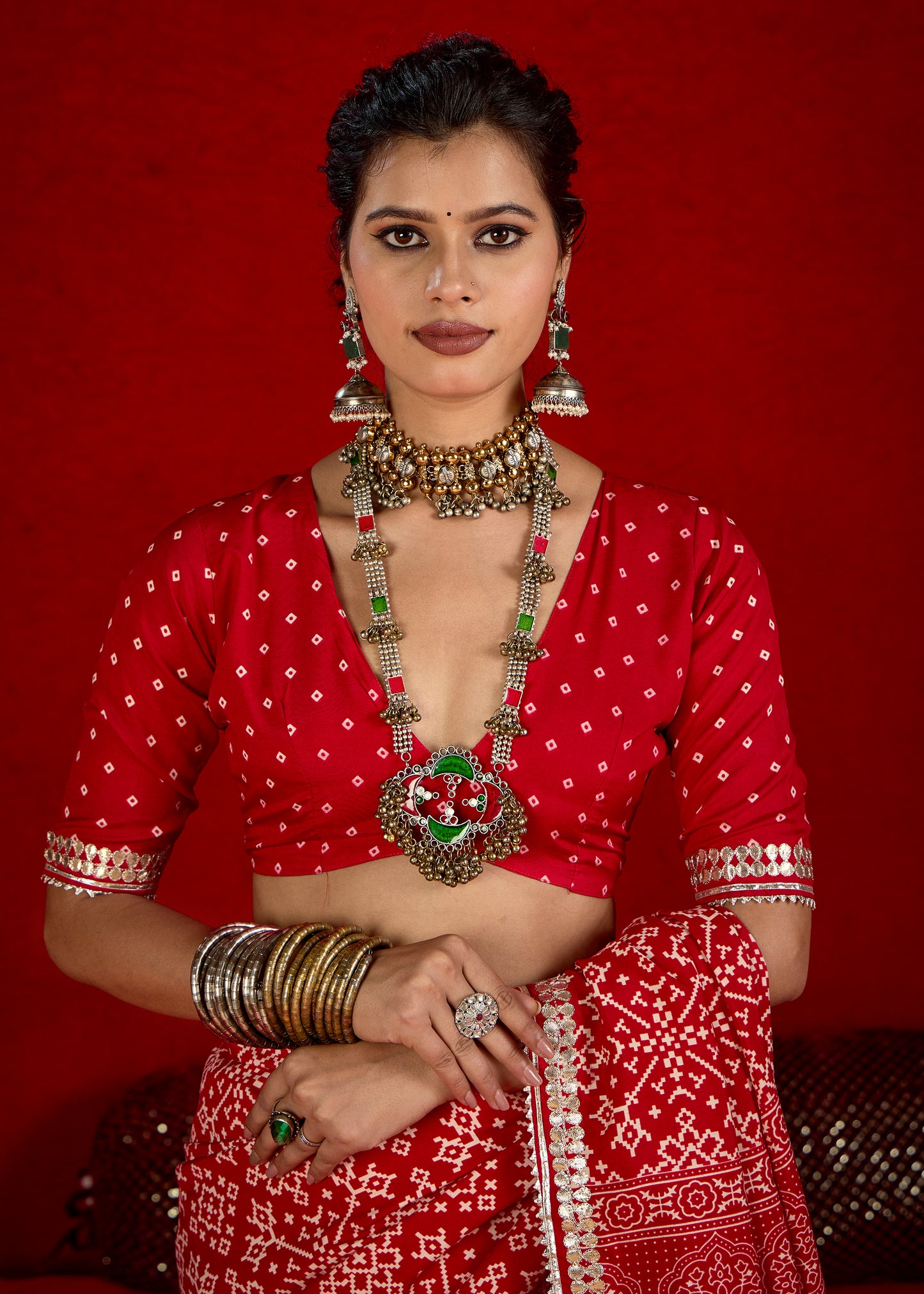 Pink Red Pure Ajrakh Silk Designer Look Saree with Jaipuri Silver Gotta Work Border