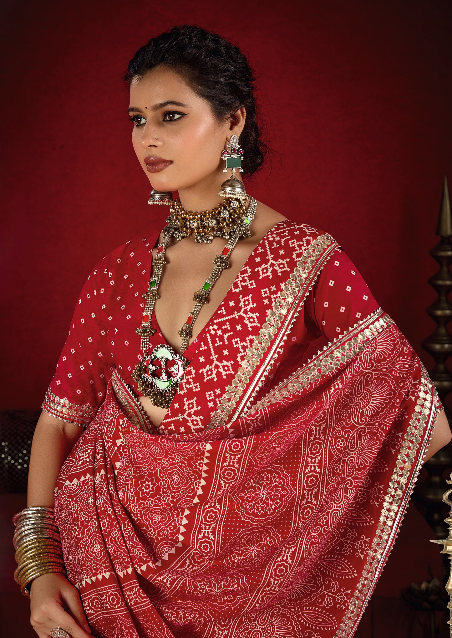 Pink Red Pure Ajrakh Silk Designer Look Saree with Jaipuri Silver Gotta Work Border