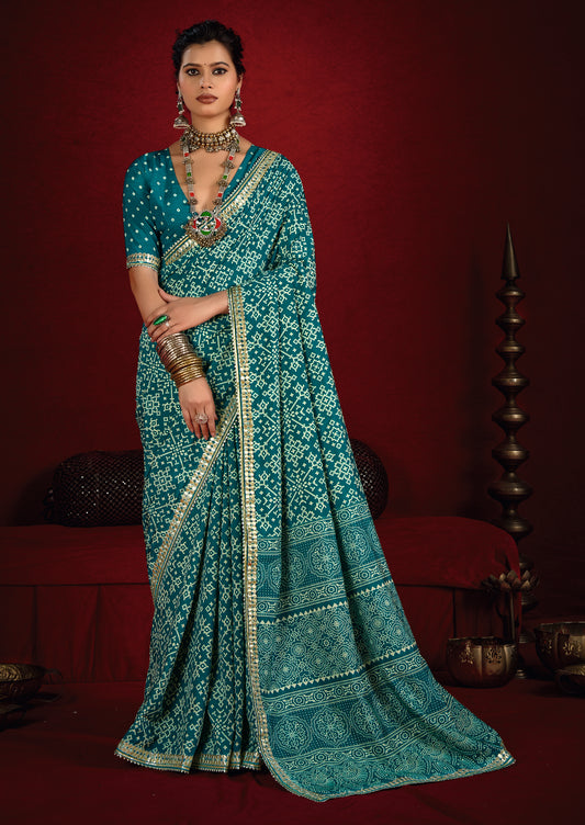 Deep Sea Green Pure Ajrakh Silk Designer Look Saree with Jaipuri Silver Gotta Work Border