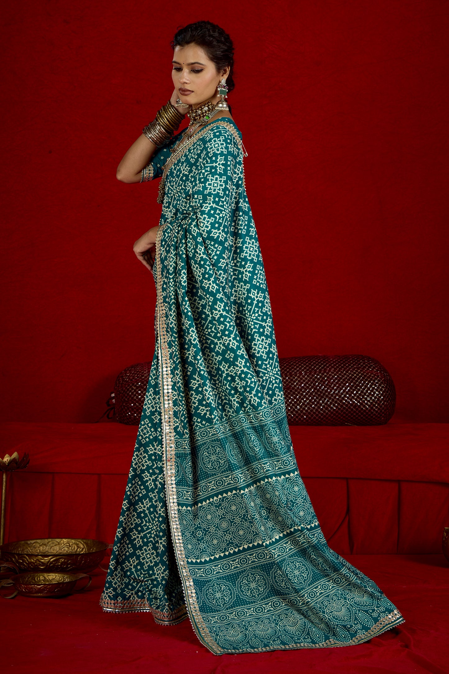 Deep Sea Green Pure Ajrakh Silk Designer Look Saree with Jaipuri Silver Gotta Work Border