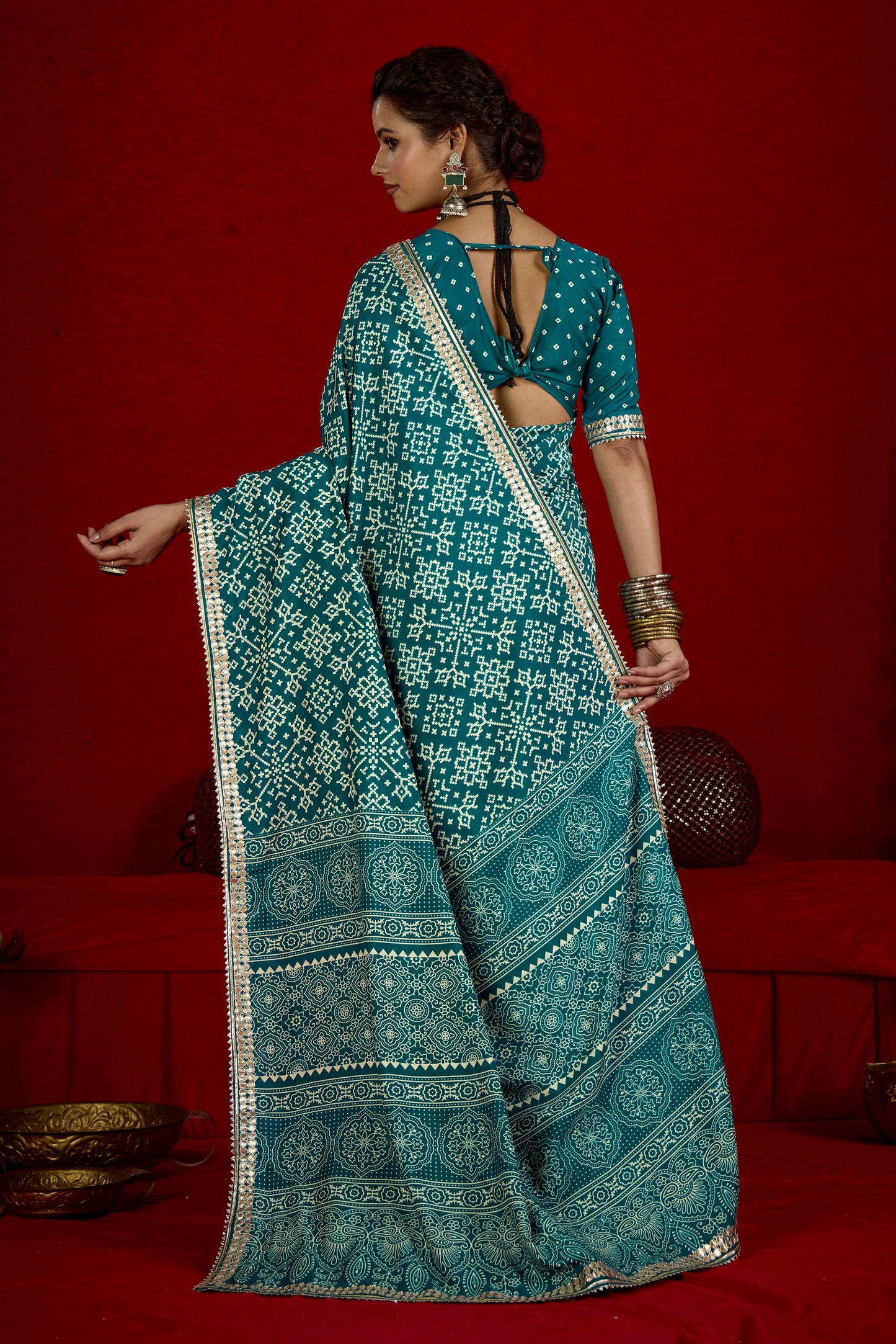 Deep Sea Green Pure Ajrakh Silk Designer Look Saree with Jaipuri Silver Gotta Work Border