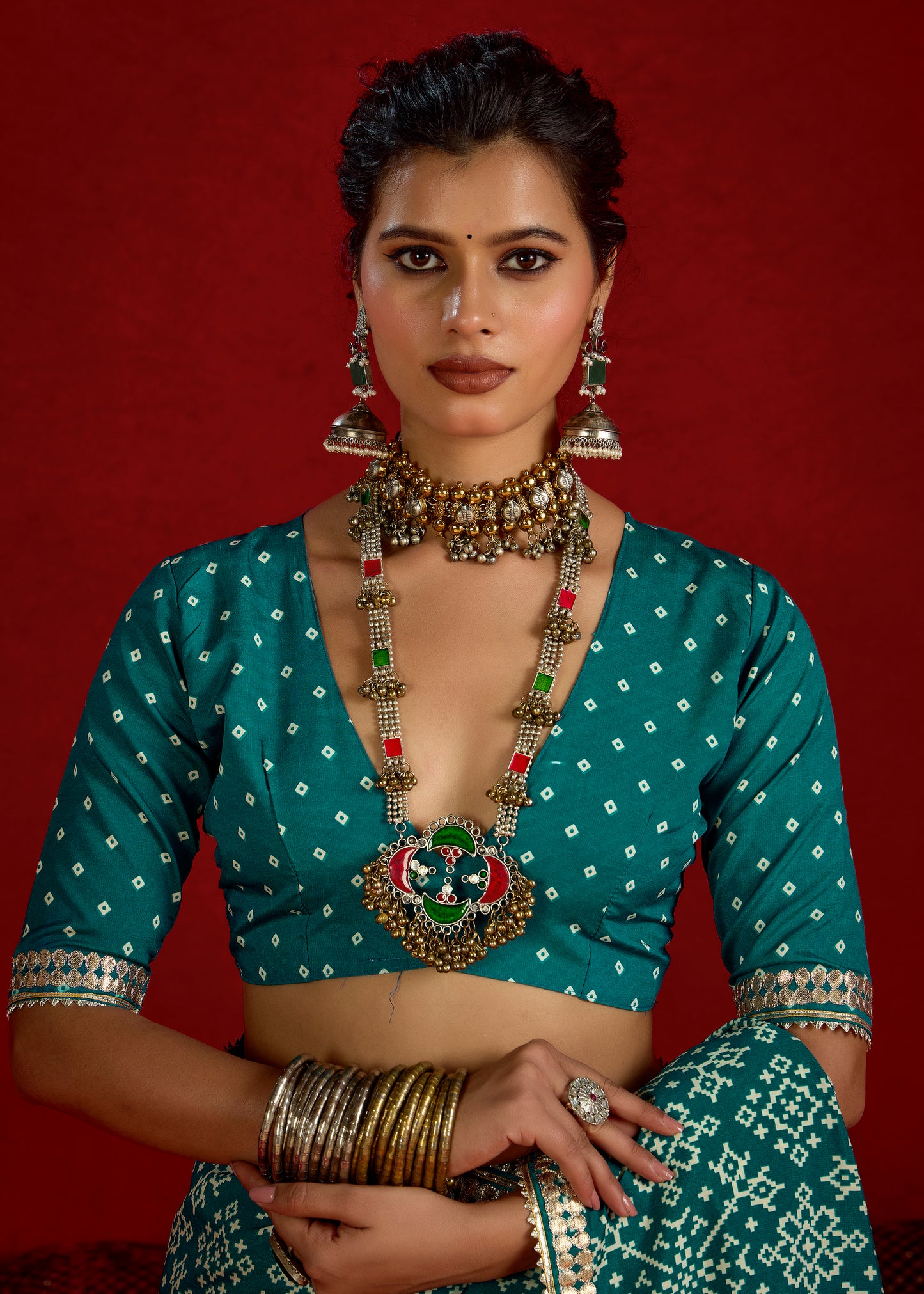 Deep Sea Green Pure Ajrakh Silk Designer Look Saree with Jaipuri Silver Gotta Work Border