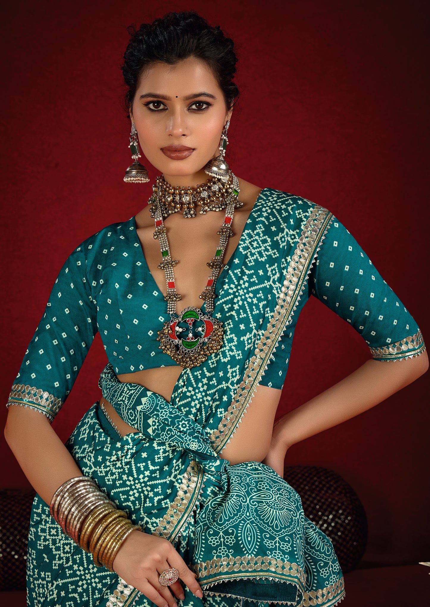 Deep Sea Green Pure Ajrakh Silk Designer Look Saree with Jaipuri Silver Gotta Work Border