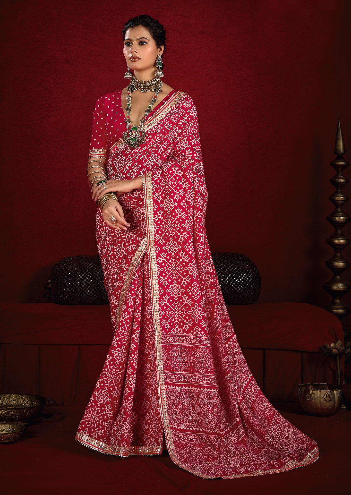 Raspberry Pink Pure Ajrakh Silk Designer Look Saree with Jaipuri Silver Gotta Work Border