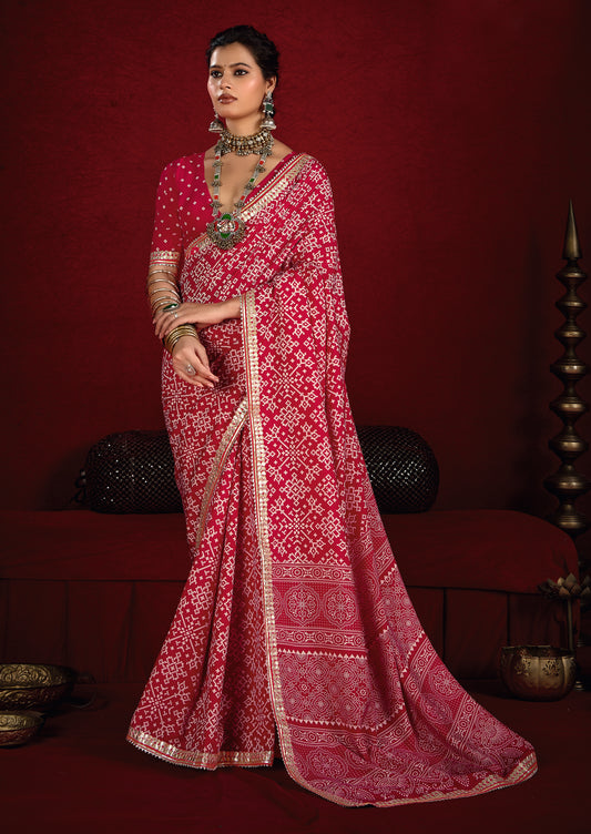 Raspberry Pink Pure Ajrakh Silk Designer Look Saree with Jaipuri Silver Gotta Work Border