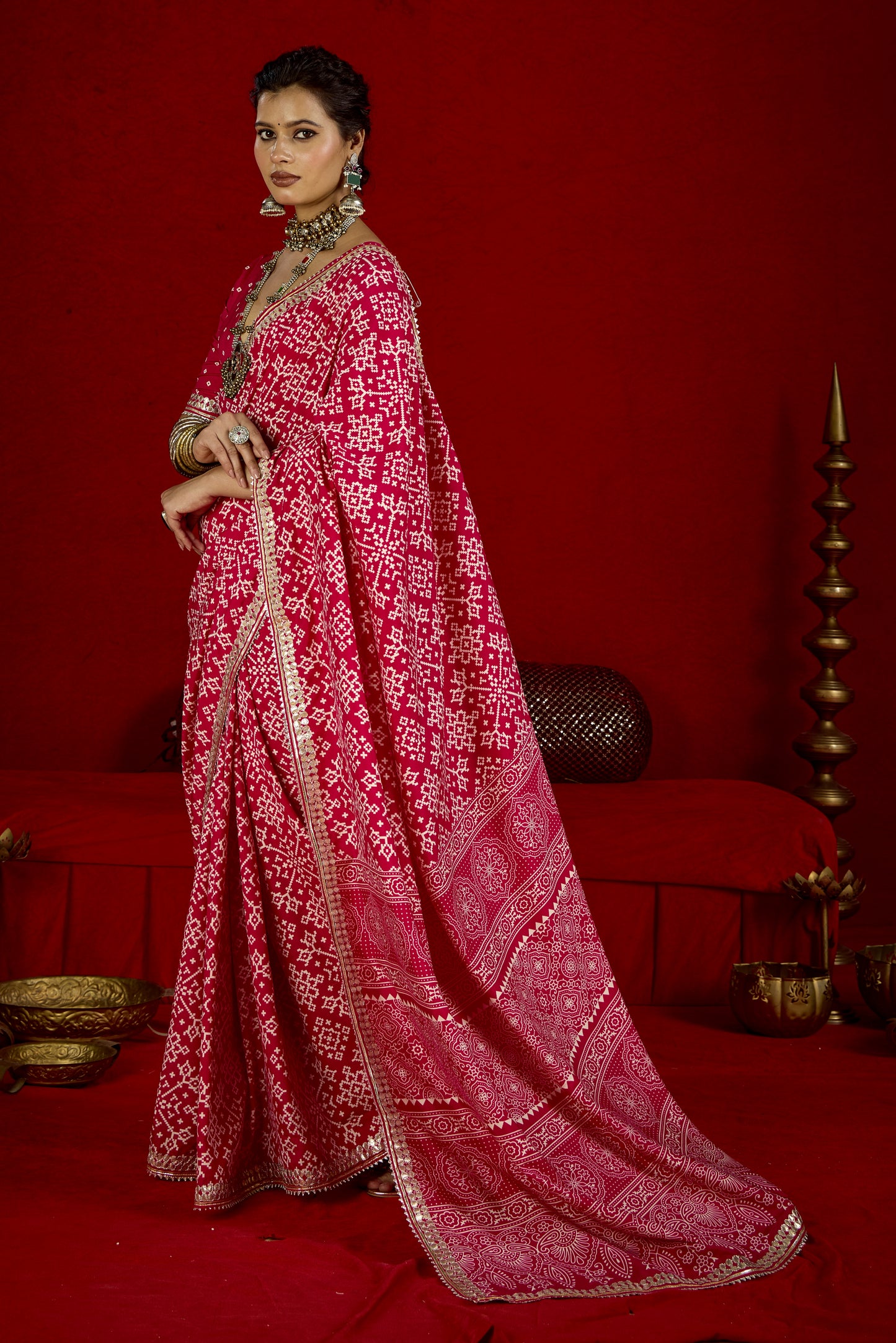 Raspberry Pink Pure Ajrakh Silk Designer Look Saree with Jaipuri Silver Gotta Work Border