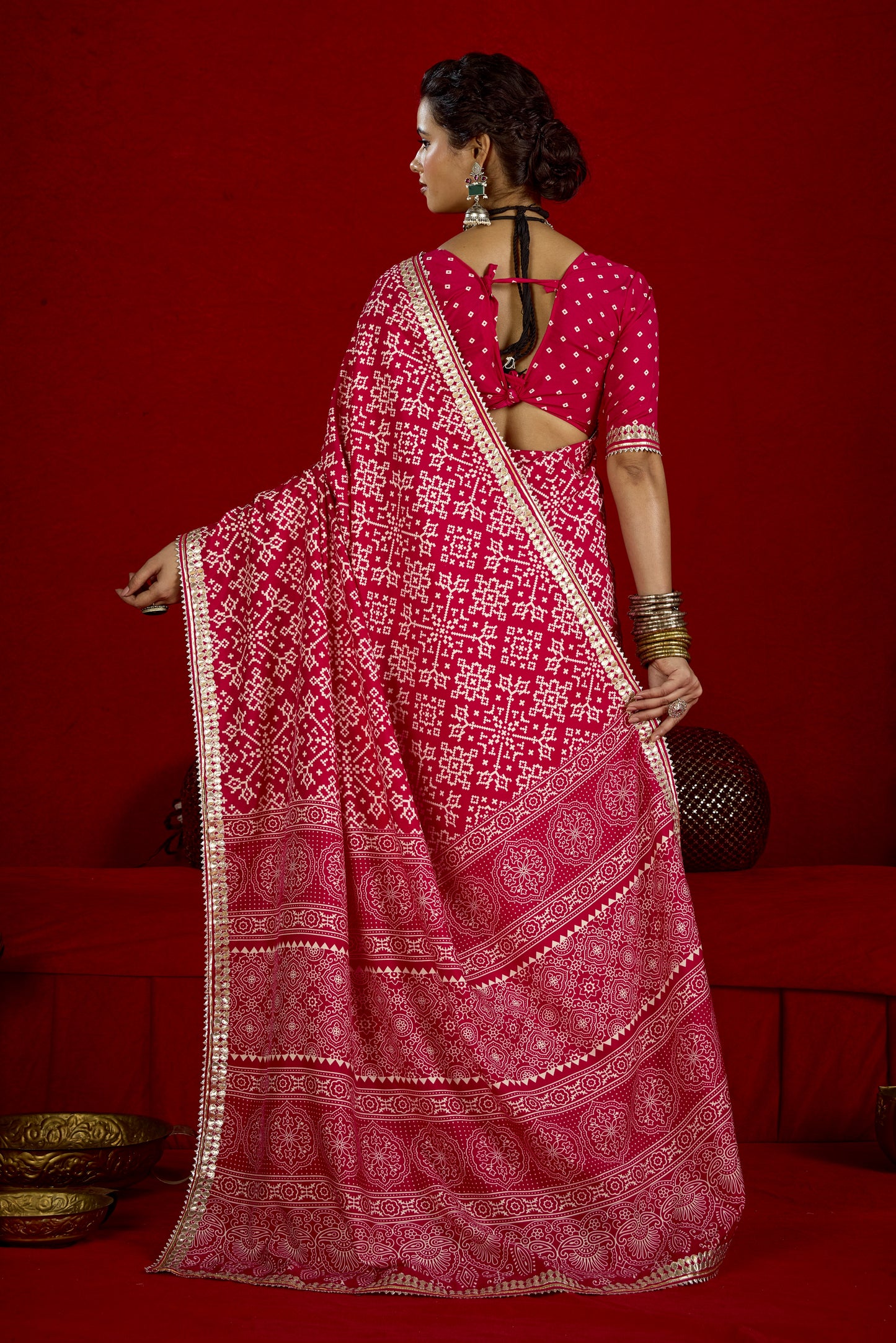 Raspberry Pink Pure Ajrakh Silk Designer Look Saree with Jaipuri Silver Gotta Work Border