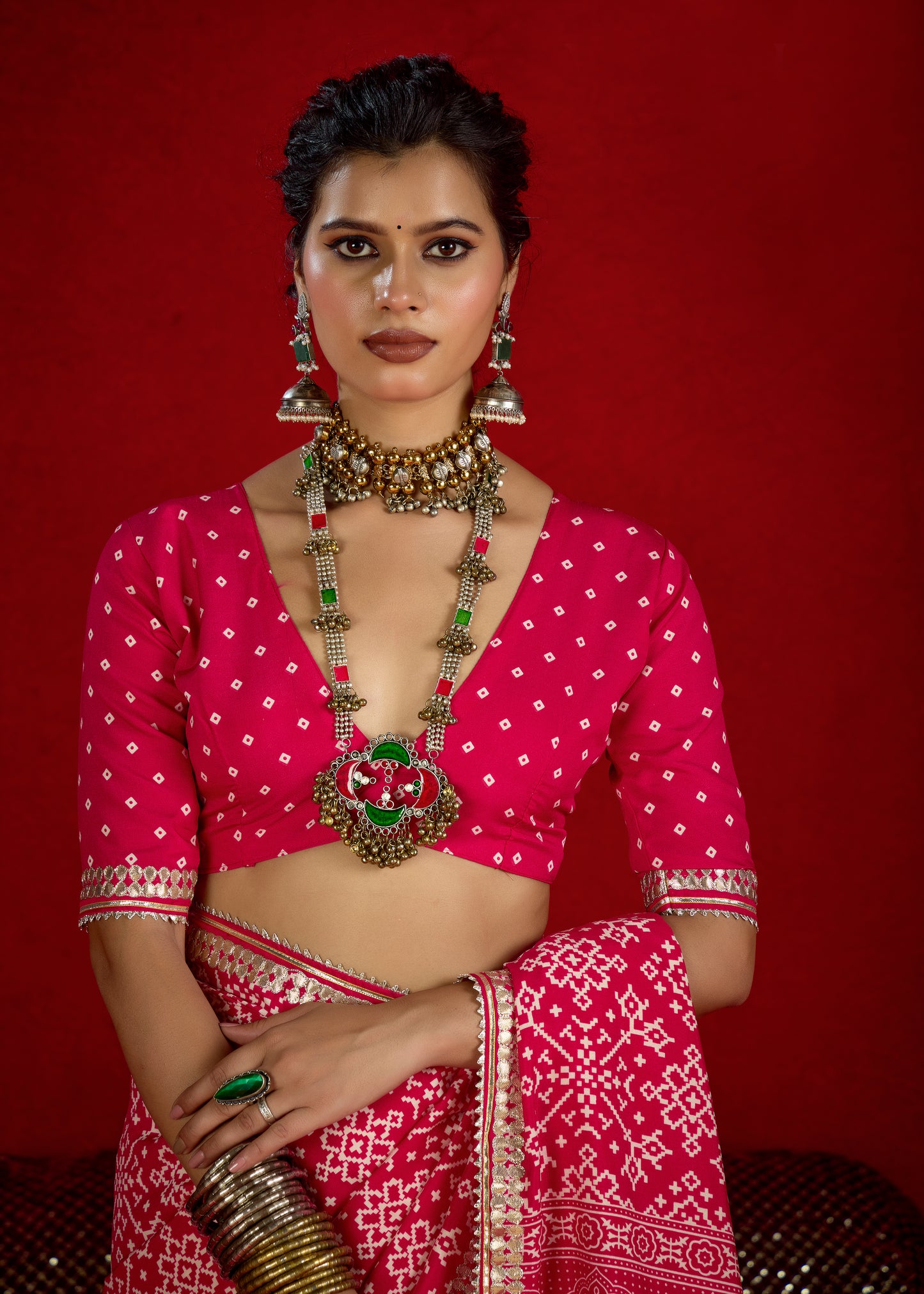 Raspberry Pink Pure Ajrakh Silk Designer Look Saree with Jaipuri Silver Gotta Work Border