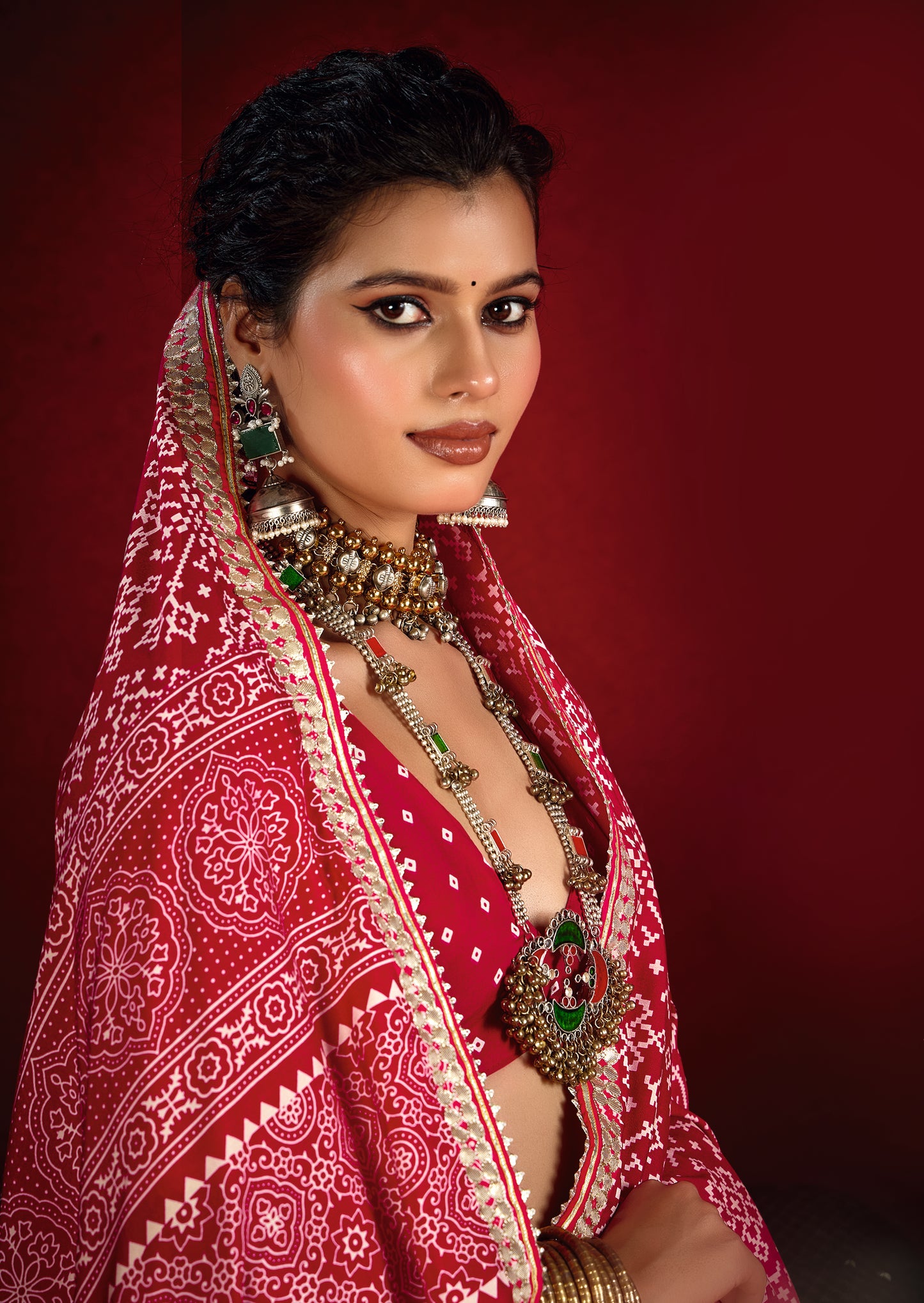 Raspberry Pink Pure Ajrakh Silk Designer Look Saree with Jaipuri Silver Gotta Work Border