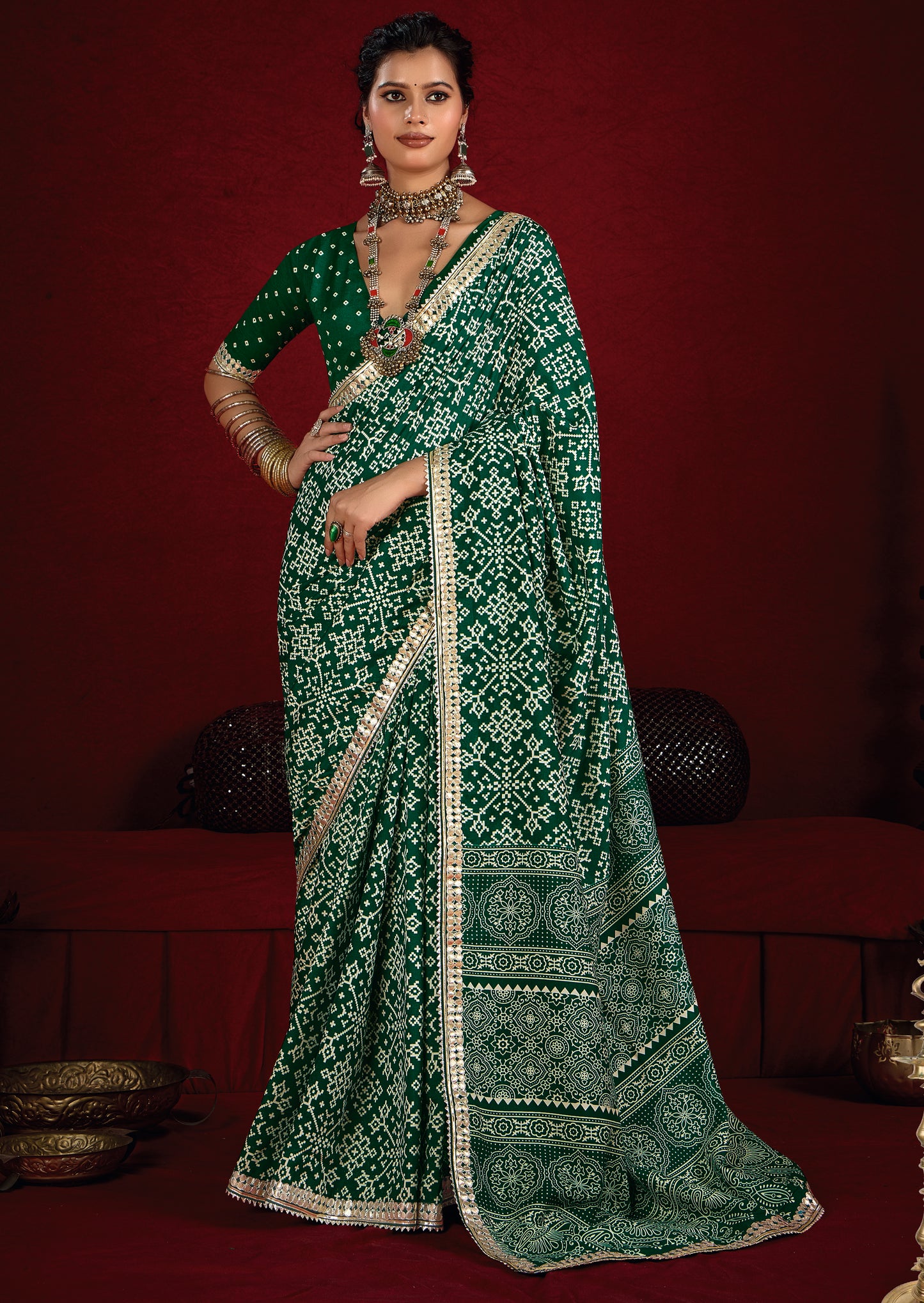 Emerald Green Pure Ajrakh Silk Designer Look Saree with Jaipuri Silver Gotta Work Border