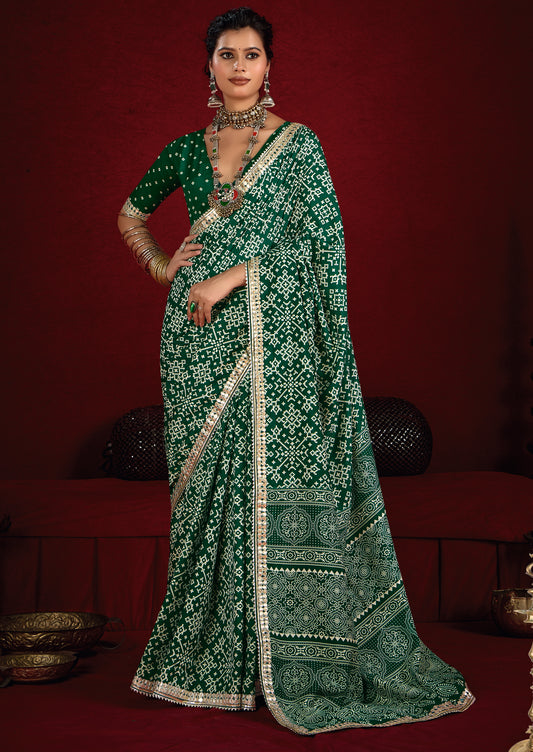 Emerald Green Pure Ajrakh Silk Designer Look Saree with Jaipuri Silver Gotta Work Border