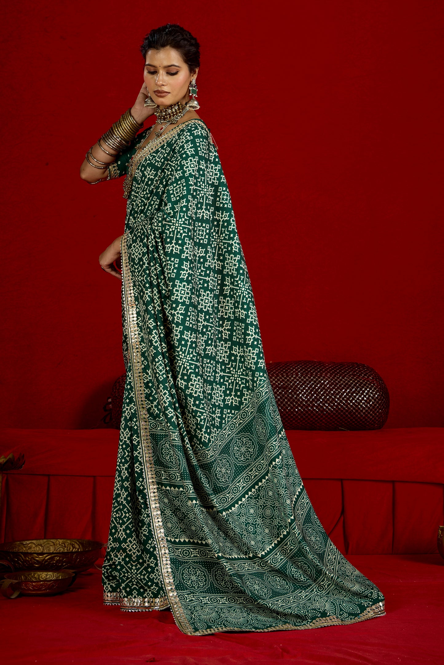 Emerald Green Pure Ajrakh Silk Designer Look Saree with Jaipuri Silver Gotta Work Border