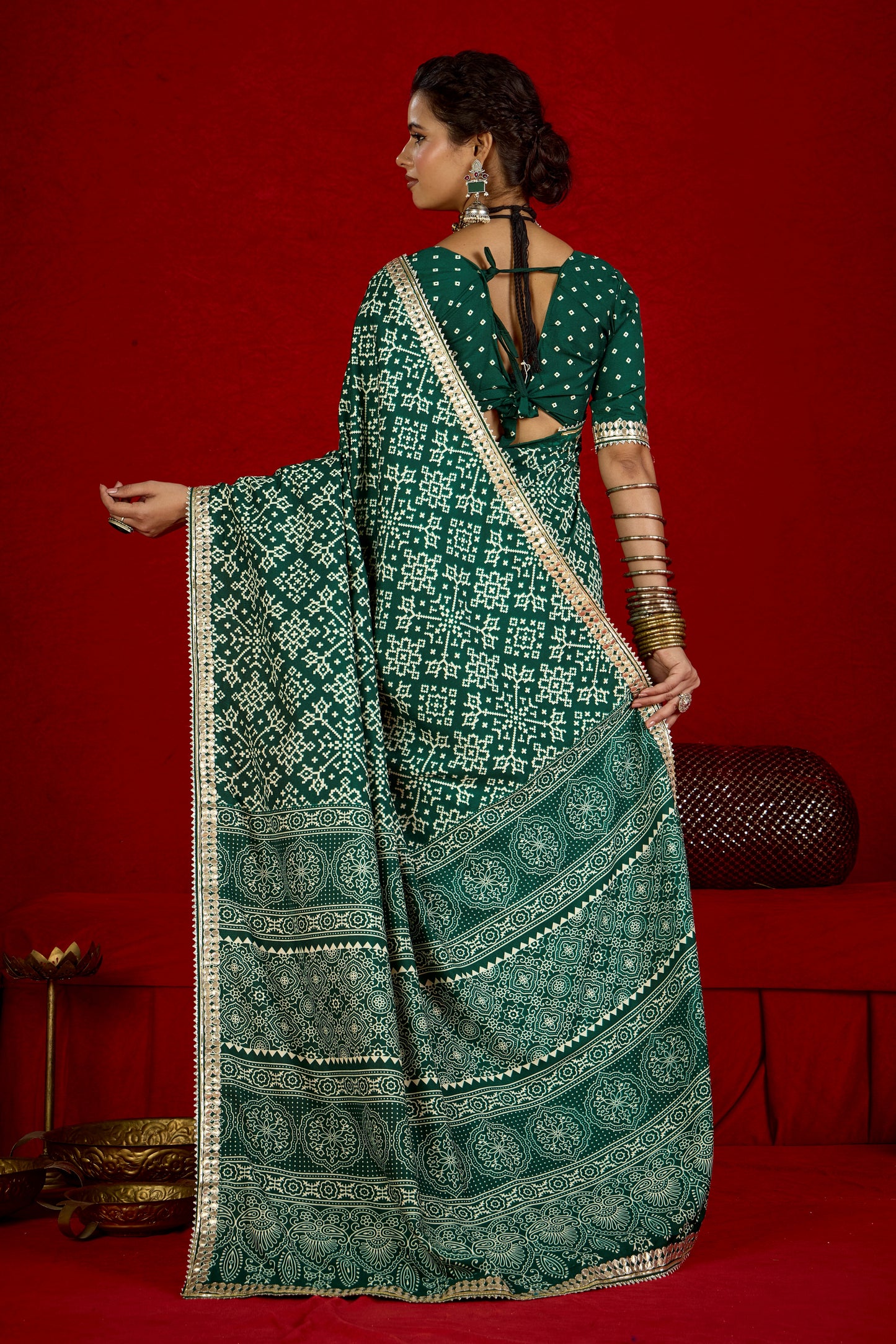 Emerald Green Pure Ajrakh Silk Designer Look Saree with Jaipuri Silver Gotta Work Border