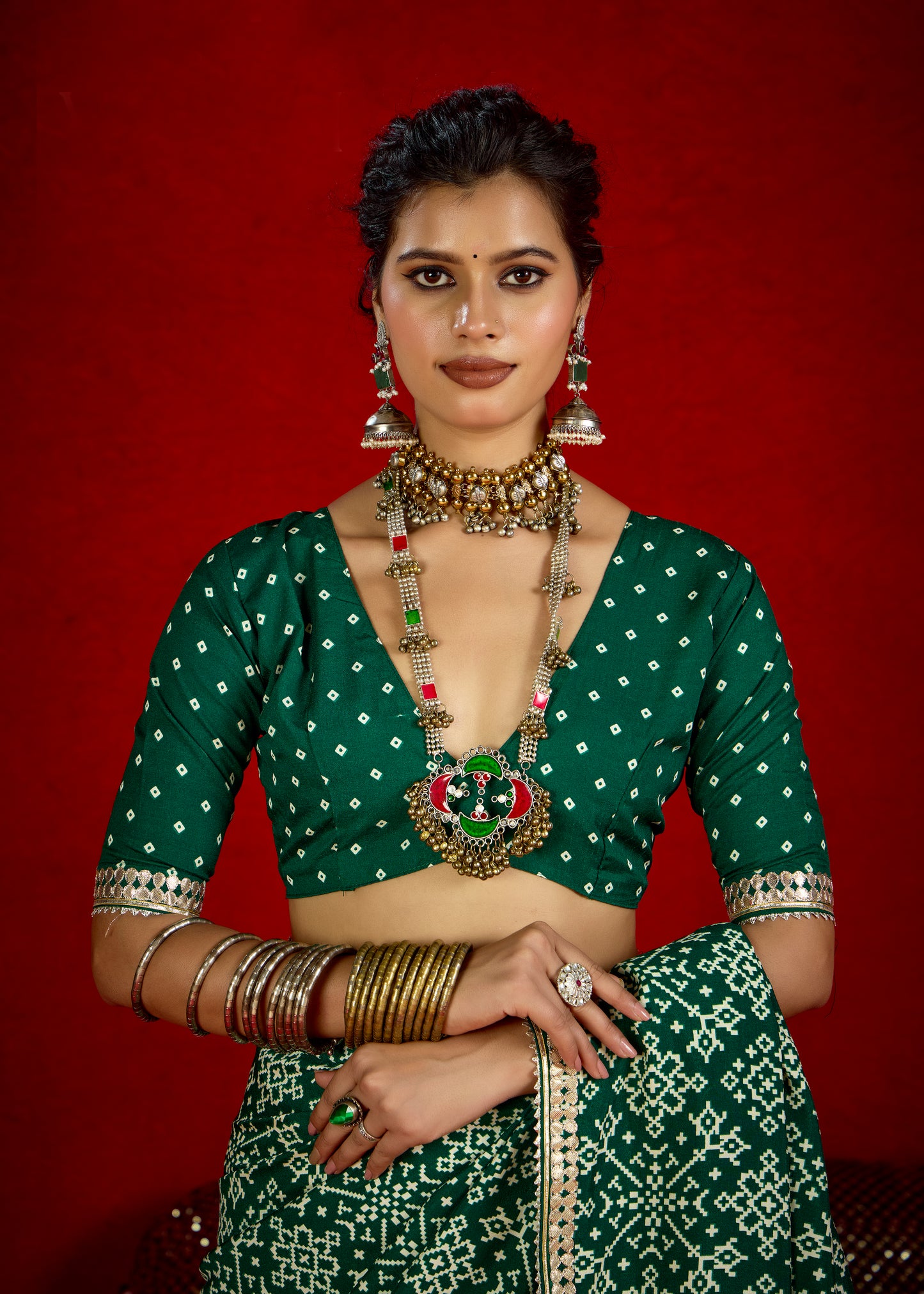 Emerald Green Pure Ajrakh Silk Designer Look Saree with Jaipuri Silver Gotta Work Border