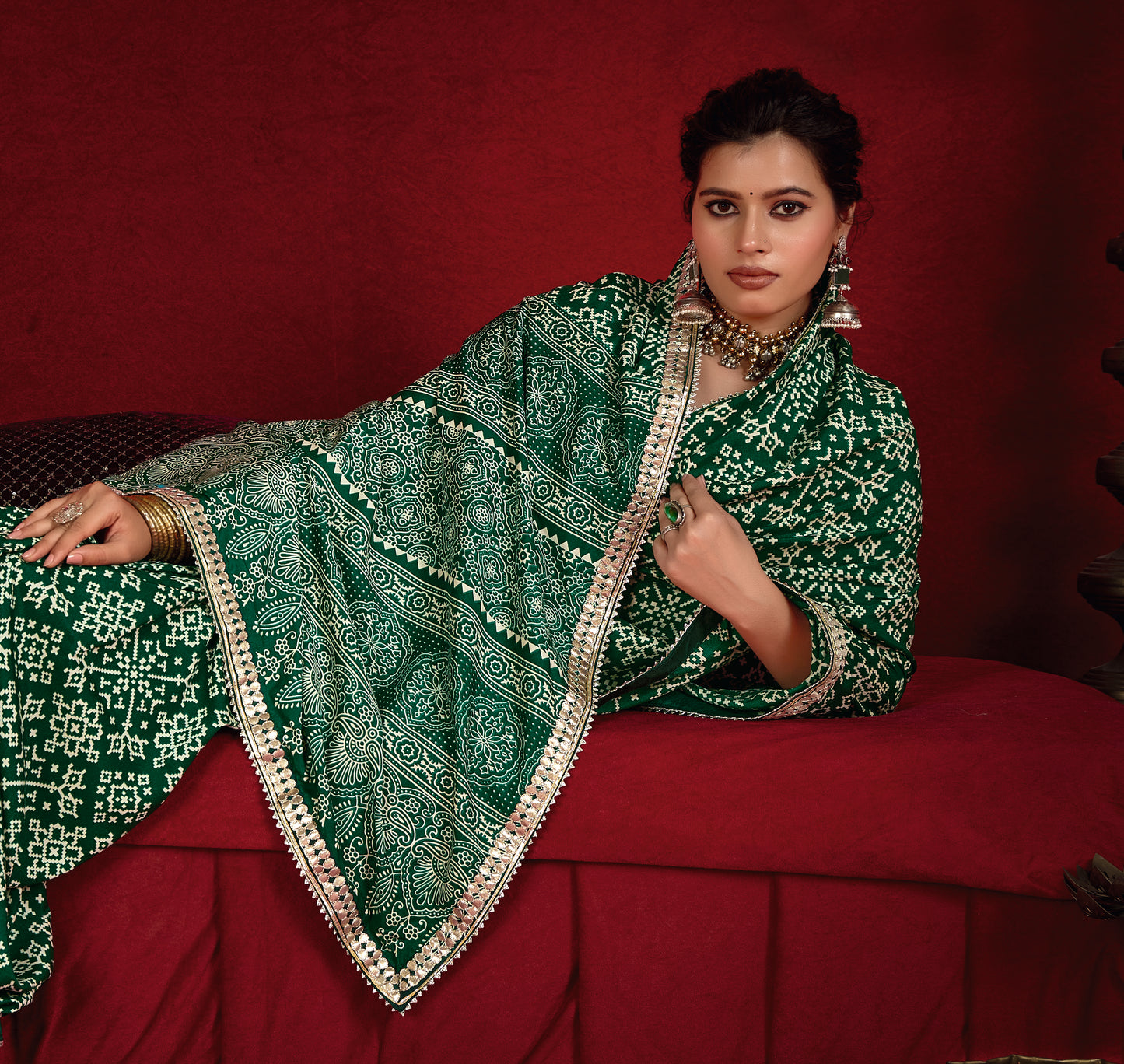 Emerald Green Pure Ajrakh Silk Designer Look Saree with Jaipuri Silver Gotta Work Border
