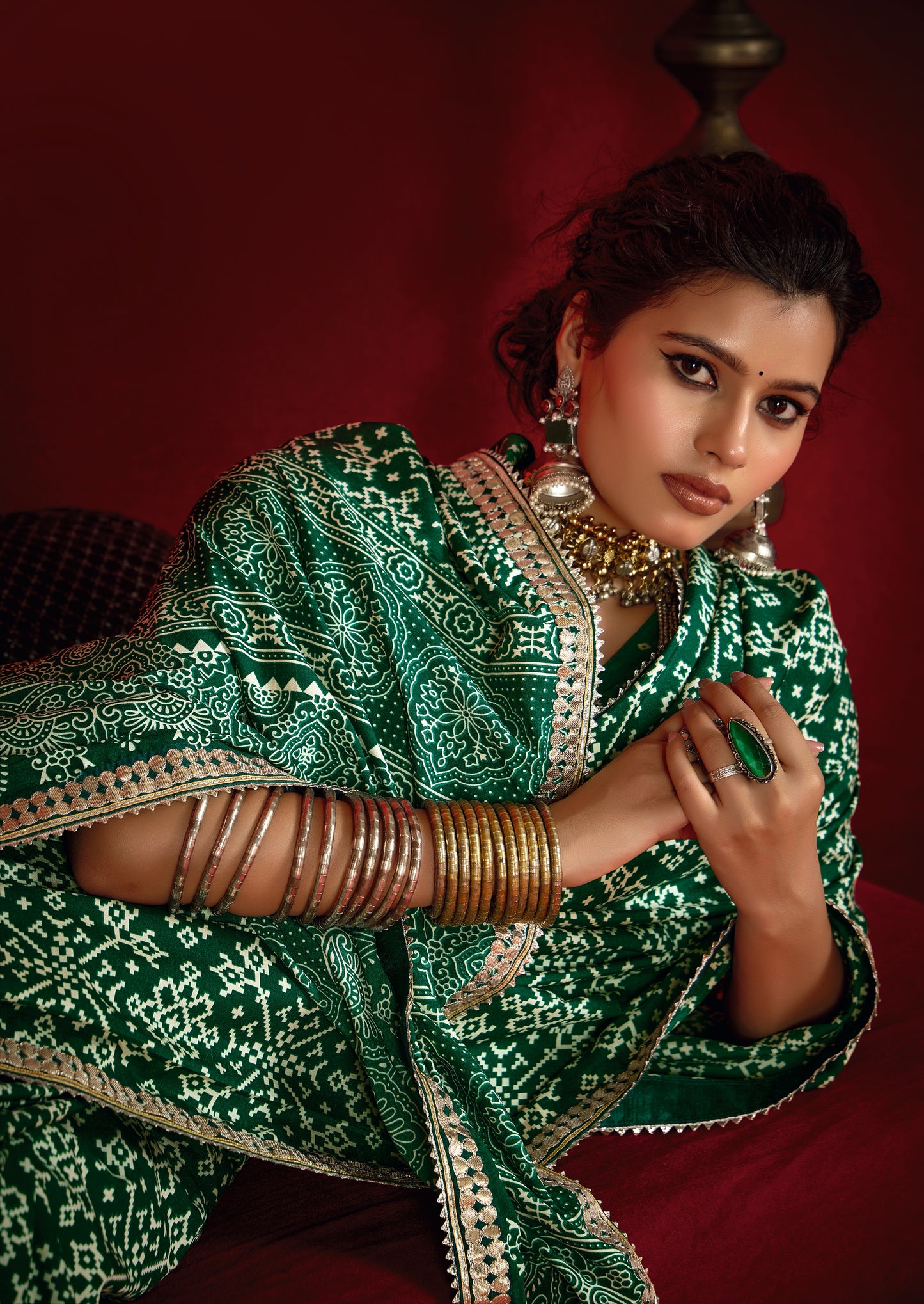 Emerald Green Pure Ajrakh Silk Designer Look Saree with Jaipuri Silver Gotta Work Border