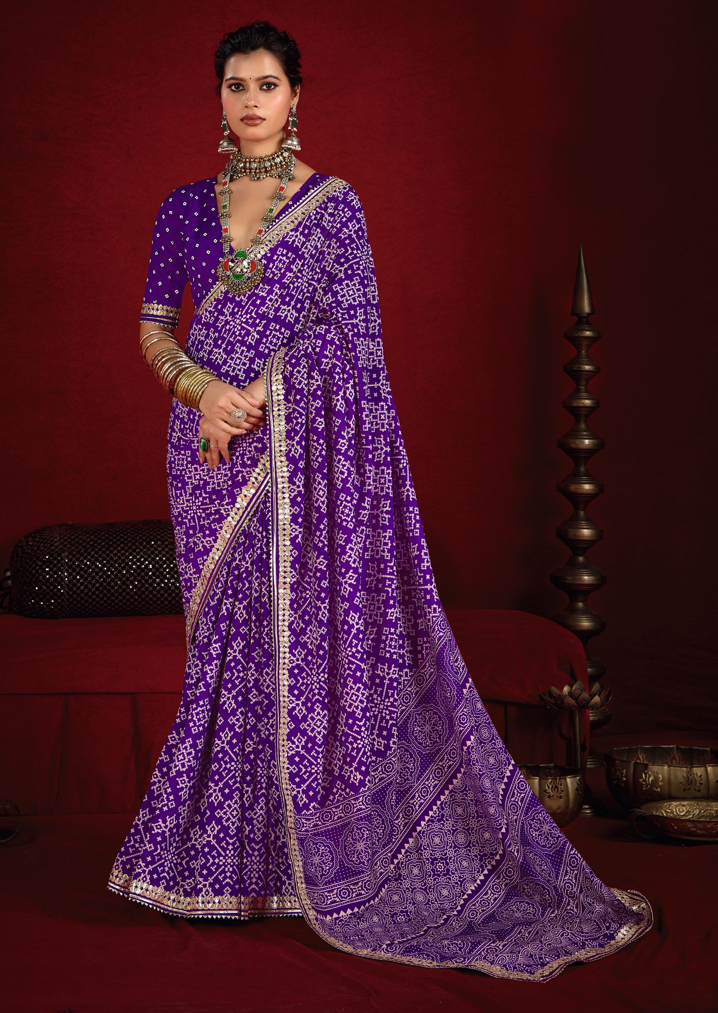Indigo Purple Pure Ajrakh Silk Designer Look Saree with Jaipuri Silver Gotta Work Border