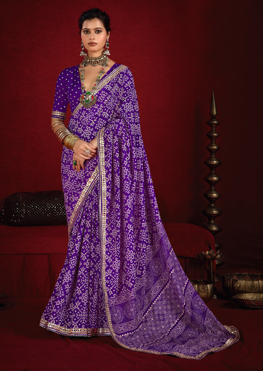 Indigo Purple Pure Ajrakh Silk Designer Look Saree with Jaipuri Silver Gotta Work Border