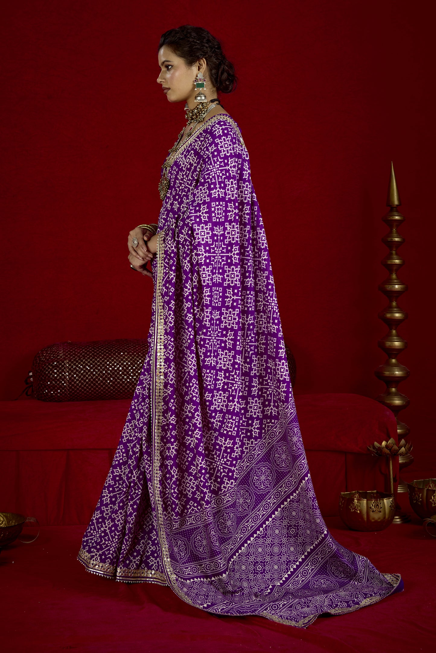 Indigo Purple Pure Ajrakh Silk Designer Look Saree with Jaipuri Silver Gotta Work Border