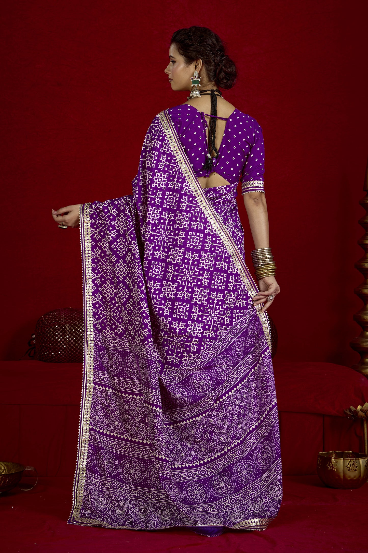 Indigo Purple Pure Ajrakh Silk Designer Look Saree with Jaipuri Silver Gotta Work Border