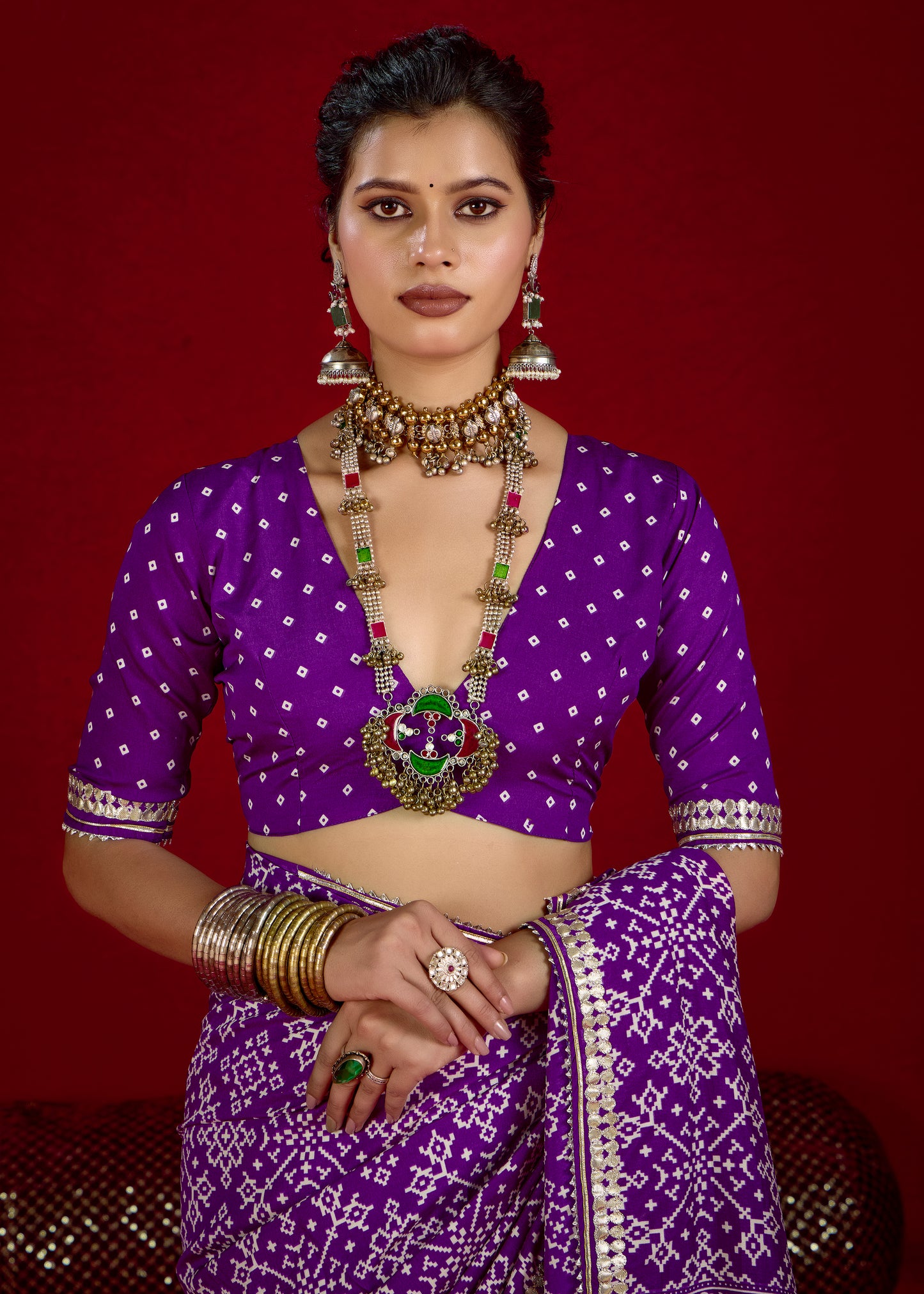 Indigo Purple Pure Ajrakh Silk Designer Look Saree with Jaipuri Silver Gotta Work Border