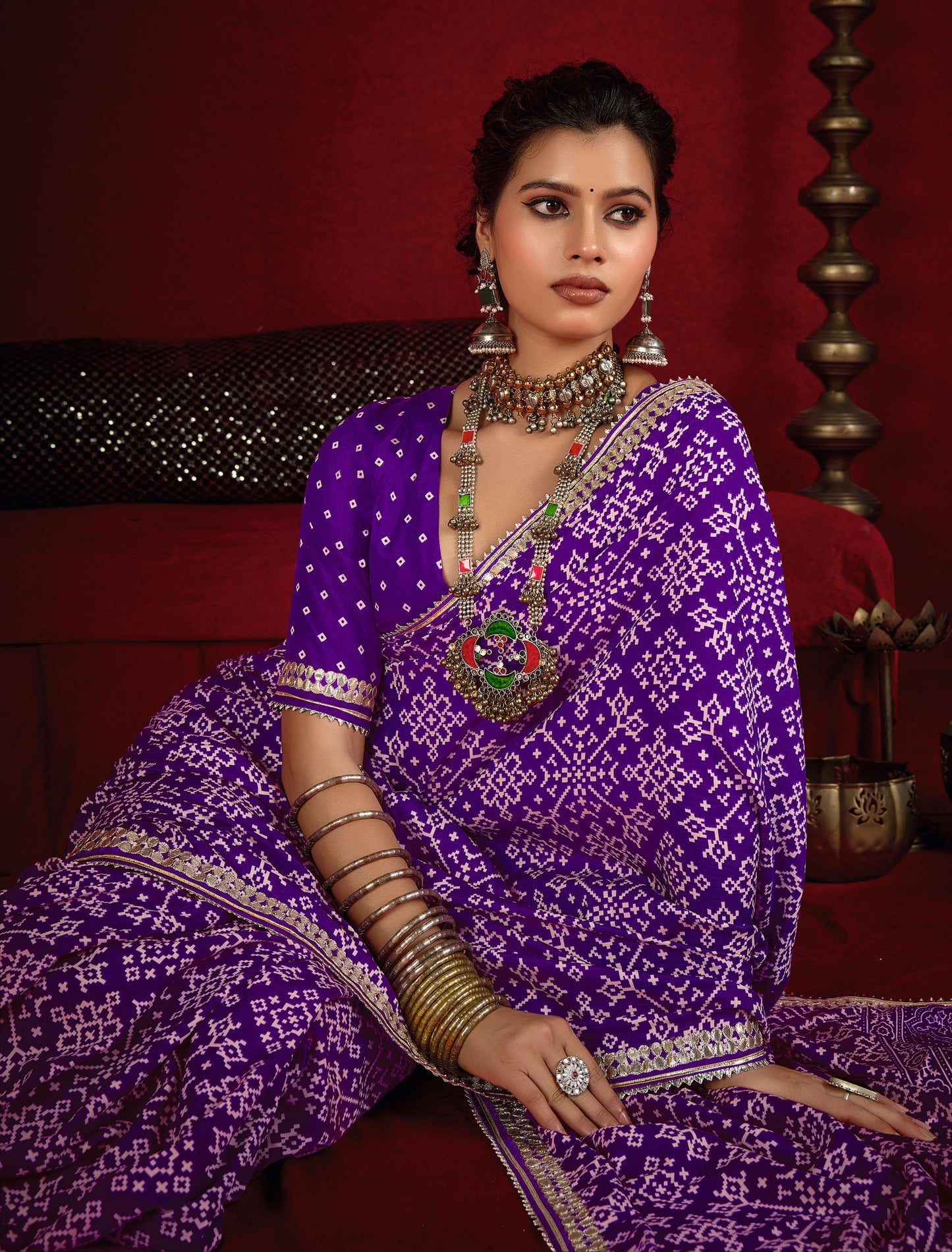 Indigo Purple Pure Ajrakh Silk Designer Look Saree with Jaipuri Silver Gotta Work Border
