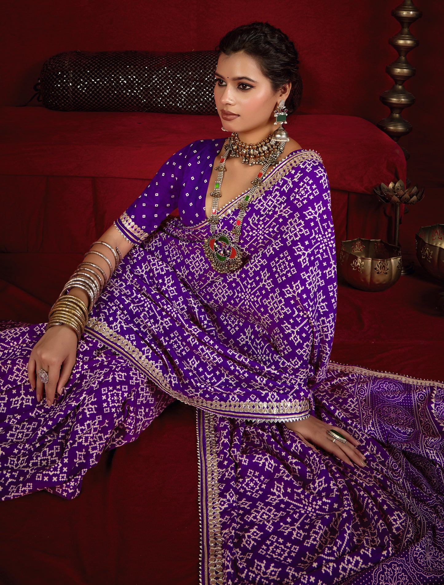 Indigo Purple Pure Ajrakh Silk Designer Look Saree with Jaipuri Silver Gotta Work Border