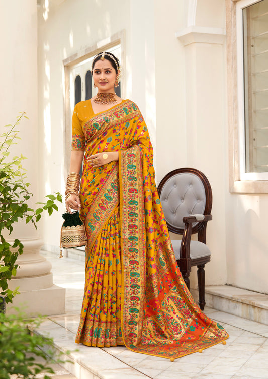 The Real Pashmina Silk fabric with Attractive All Over Print and Foil Touch with Keri Print & Grounded Tussels.