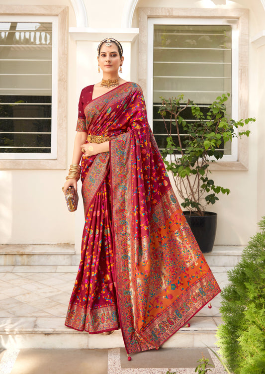 The Real Pashmina Silk fabric with Attractive All Over Print and Foil Touch with Keri Print & Grounded Tussels.