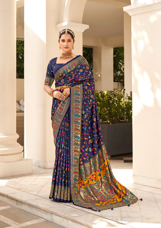 The Real Pashmina Silk fabric with Attractive All Over Print and Foil Touch with Keri Print & Grounded Tussels.
