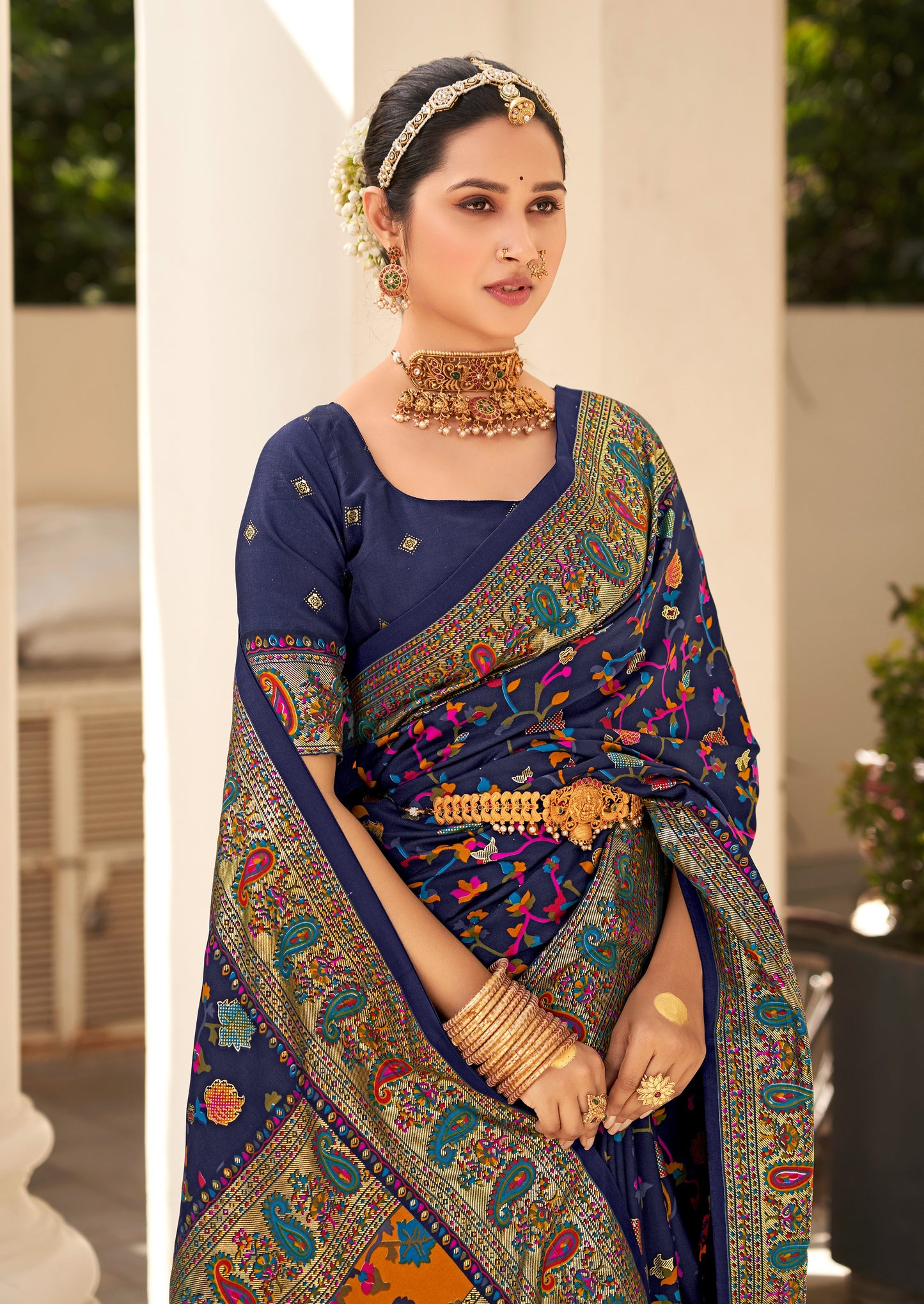 The Real Pashmina Silk fabric with Attractive All Over Print and Foil Touch with Keri Print & Grounded Tussels.