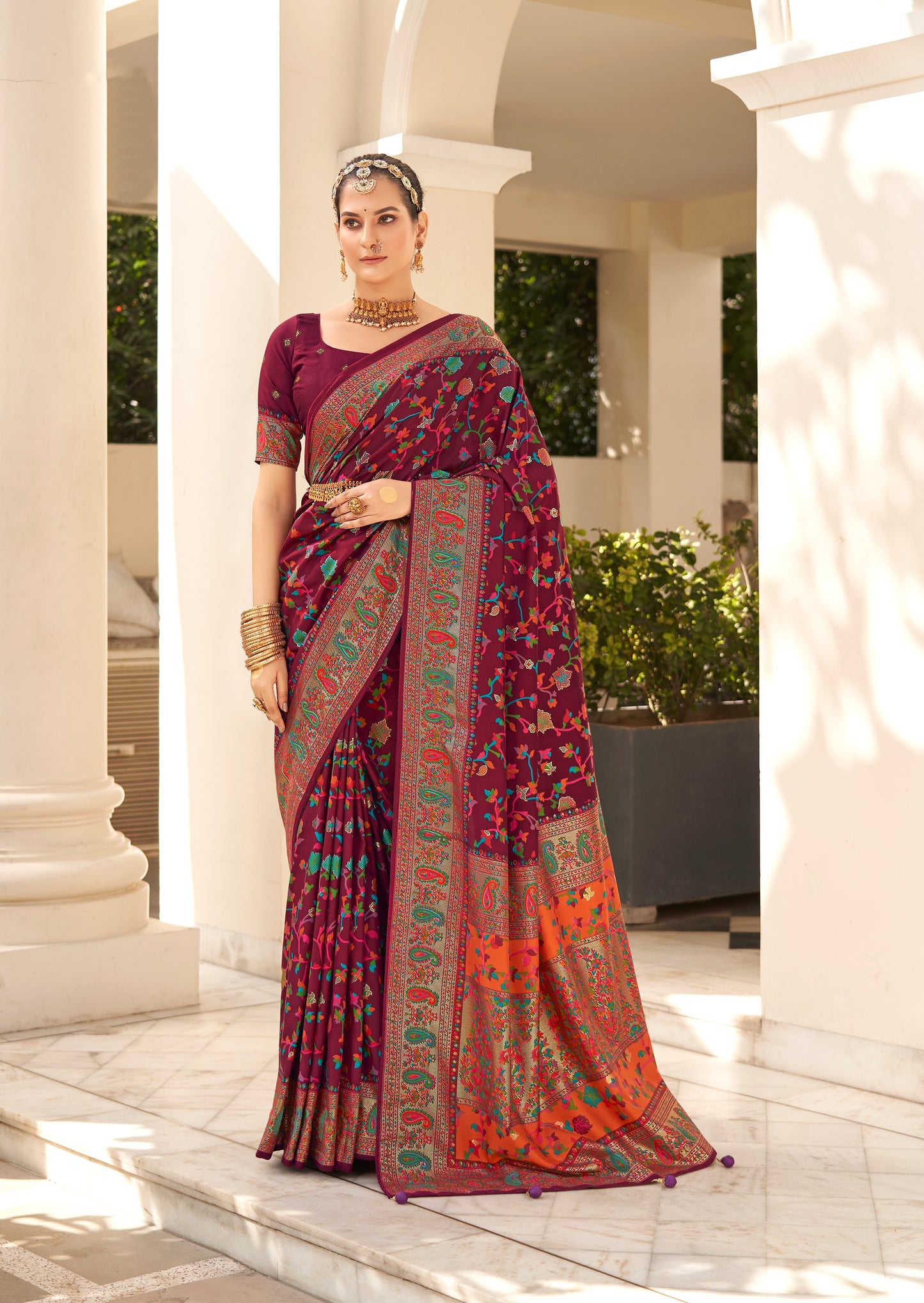 The Real Pashmina Silk fabric with Attractive All Over Print and Foil Touch with Keri Print & Grounded Tussels.