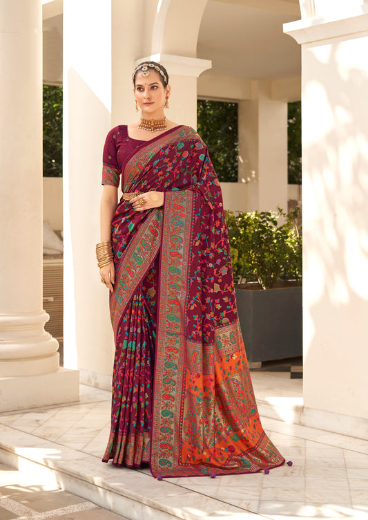 The Real Pashmina Silk fabric with Attractive All Over Print and Foil Touch with Keri Print & Grounded Tussels.