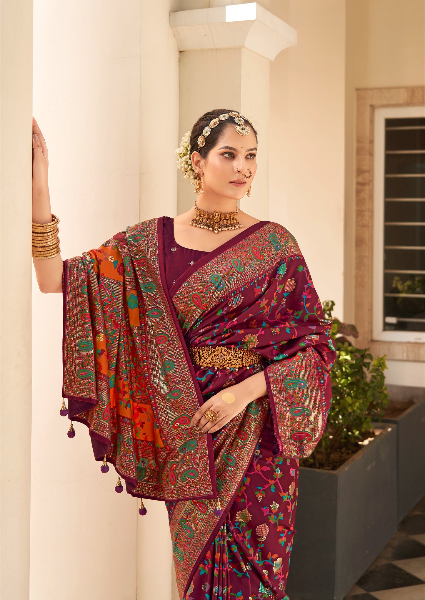 The Real Pashmina Silk fabric with Attractive All Over Print and Foil Touch with Keri Print & Grounded Tussels.