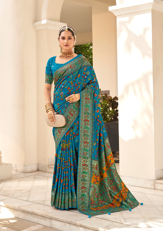 The Real Pashmina Silk fabric with Attractive All Over Print and Foil Touch with Keri Print & Grounded Tussels.