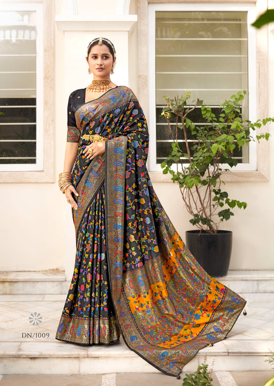 The Real Pashmina Silk fabric with Attractive All Over Print and Foil Touch with Keri Print & Grounded Tussels.
